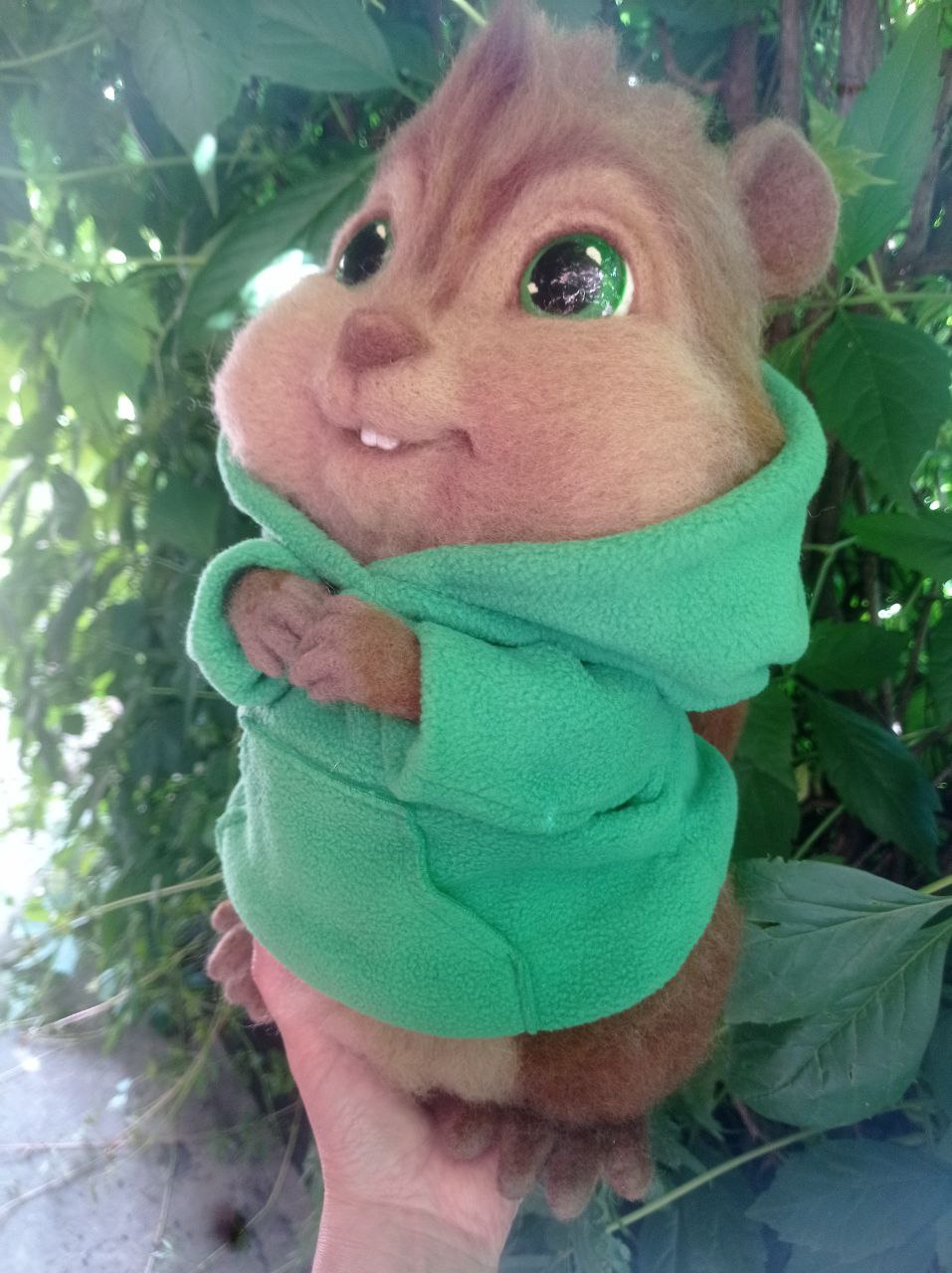 Felted Theodore chipmunk, head tilted Felted Theodore chipmunk with his head tilted and paws at his chest, handmade Alvin and the Chipmunks plush