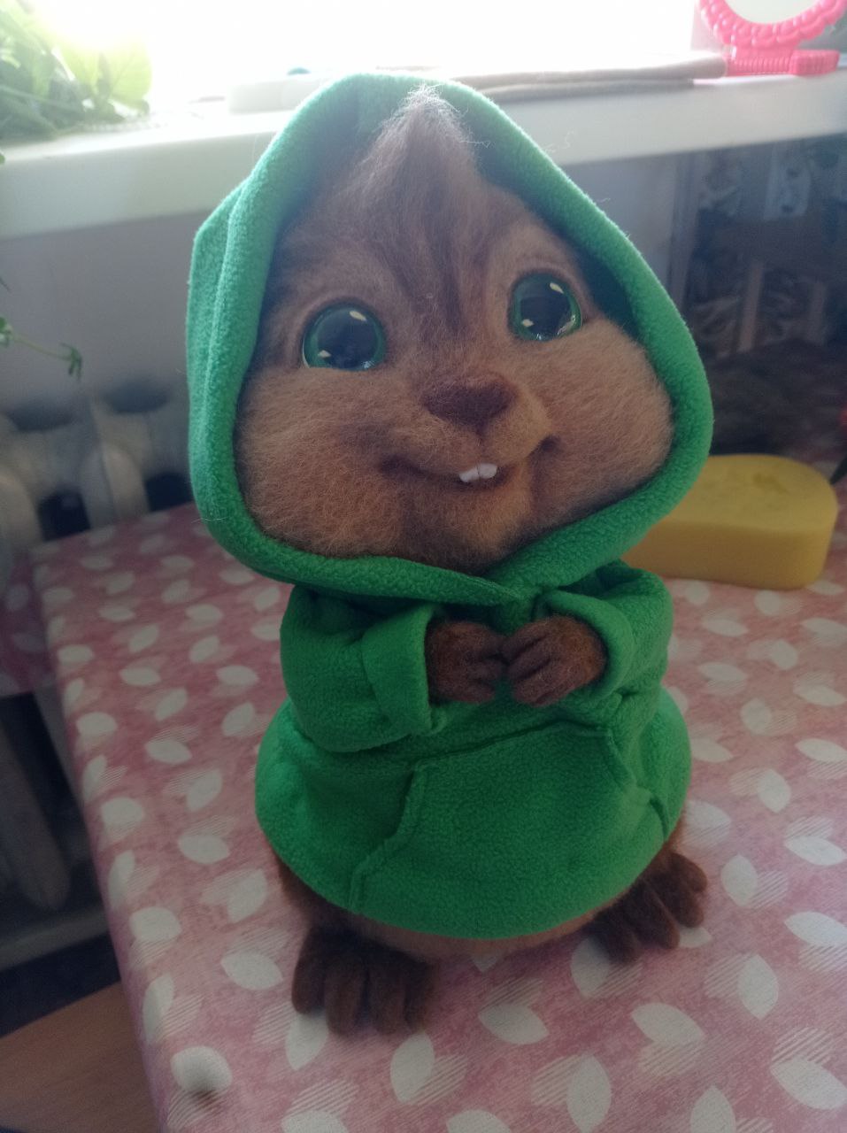 Felted Theodore with a shy smile Felted Theodore chipmunk with a shy smile in his green hood, handmade wool toy from Alvin and the Chipmunks