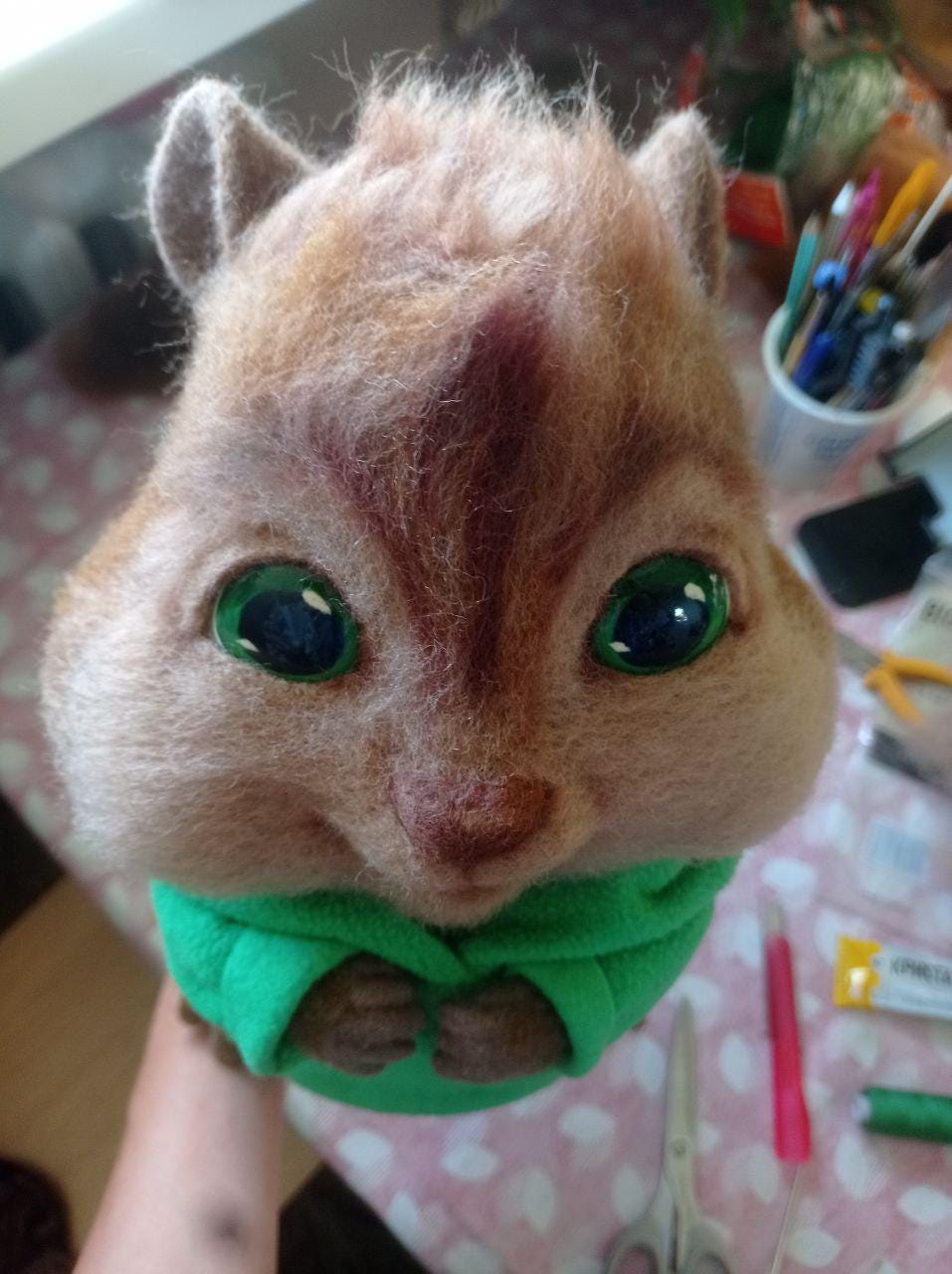 Needle felted Theodore face Needle felted Theodore face with green glass-like eyes and a pink-brown nose, custom chipmunk plush to order