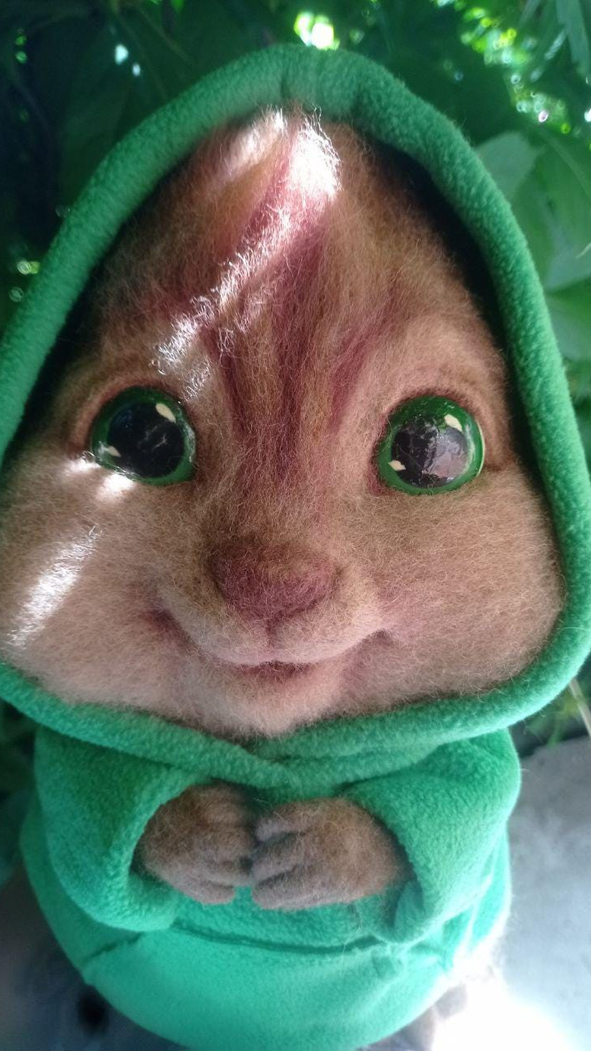 Theodore plush with big glossy green eyes under a green hood, needle felted Alvin and the Chipmunks toy
