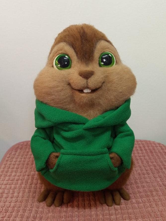 Theodore plush in a green hoodie Theodore plush with paws in the pocket of his green hoodie, wool Alvin and the Chipmunks figure made to order