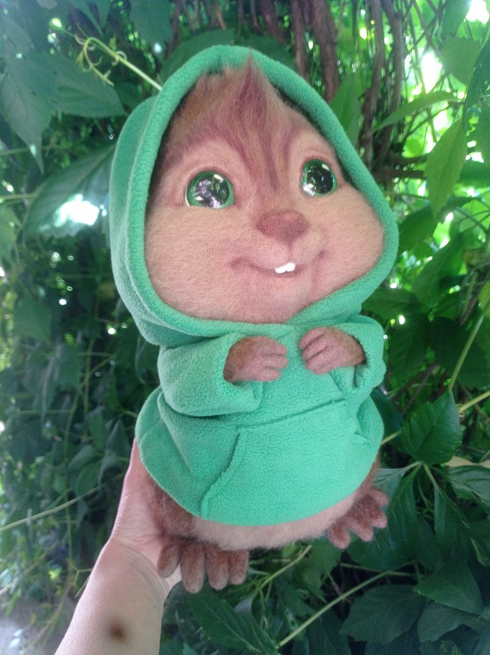 Theodore plush, hood up Theodore plush with his green hood up among leaves, needle felted wool chipmunk made to order