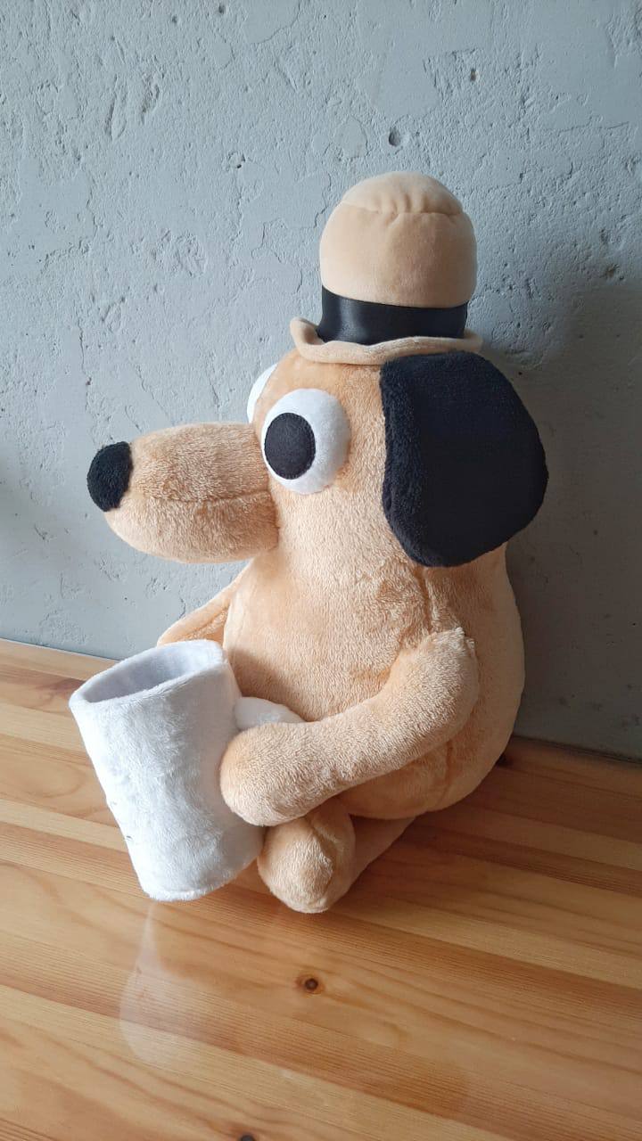 This Is Fine dog plush with his mug This Is Fine dog plush sitting with his white mug, long black ears, tan hat with a black band, made to order