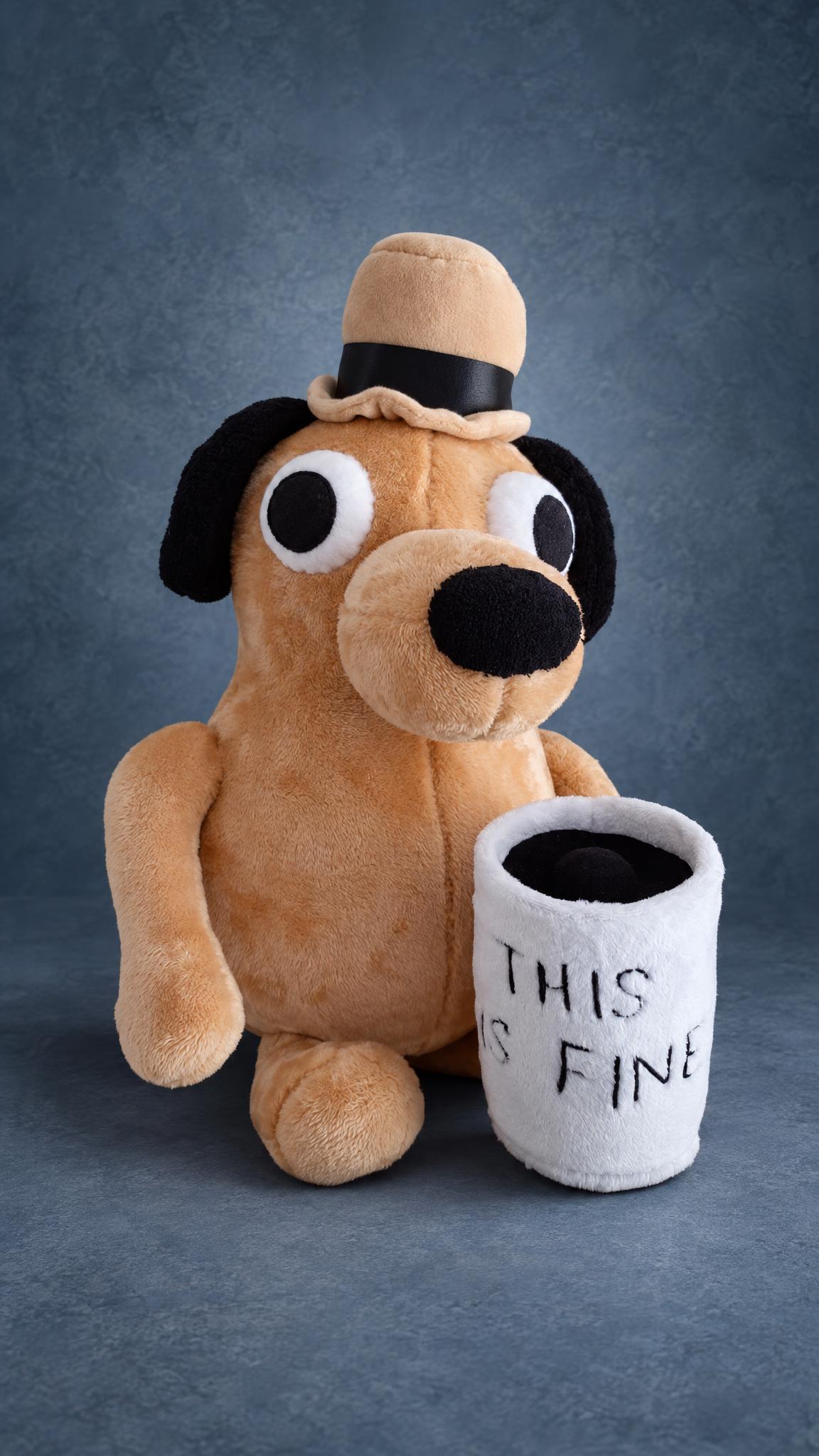 Handmade This Is Fine plush dog with a tan hat, black ears and a stitched THIS IS FINE coffee mug, custom made