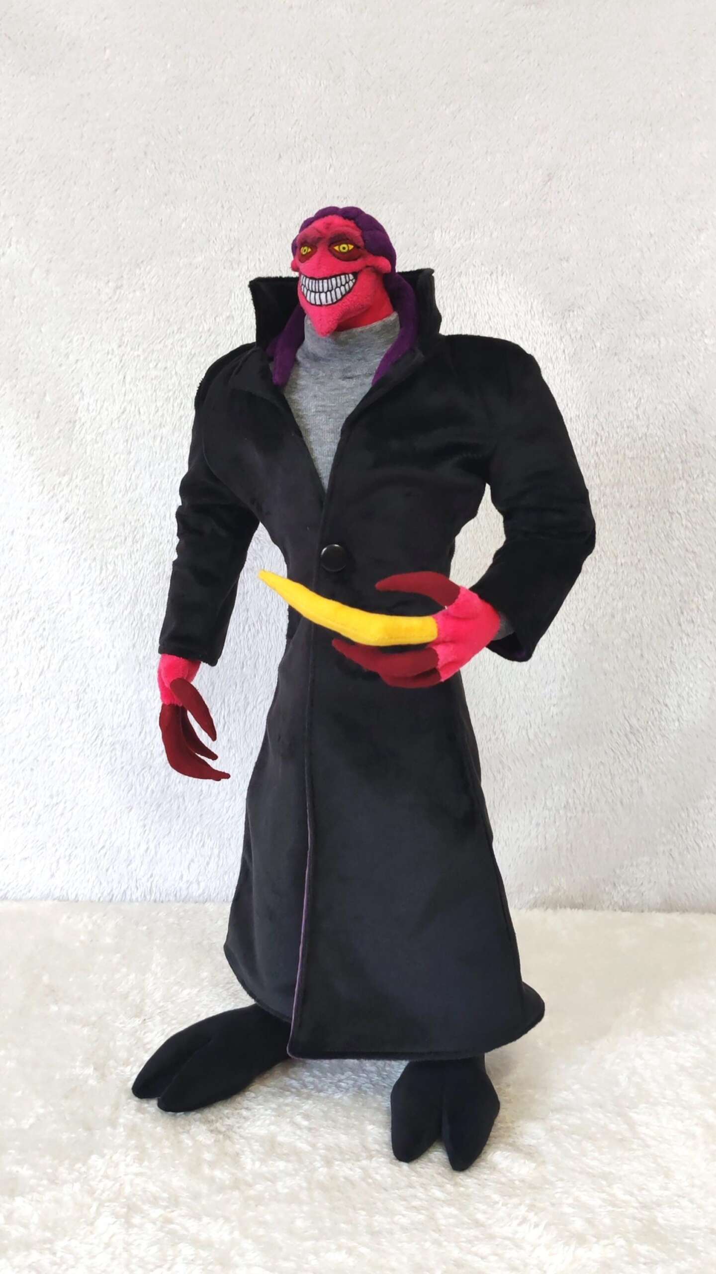 Thrax plush in a buttoned black coat Thrax plush in a buttoned long black coat with red claws, handmade Osmosis Jones villain to order