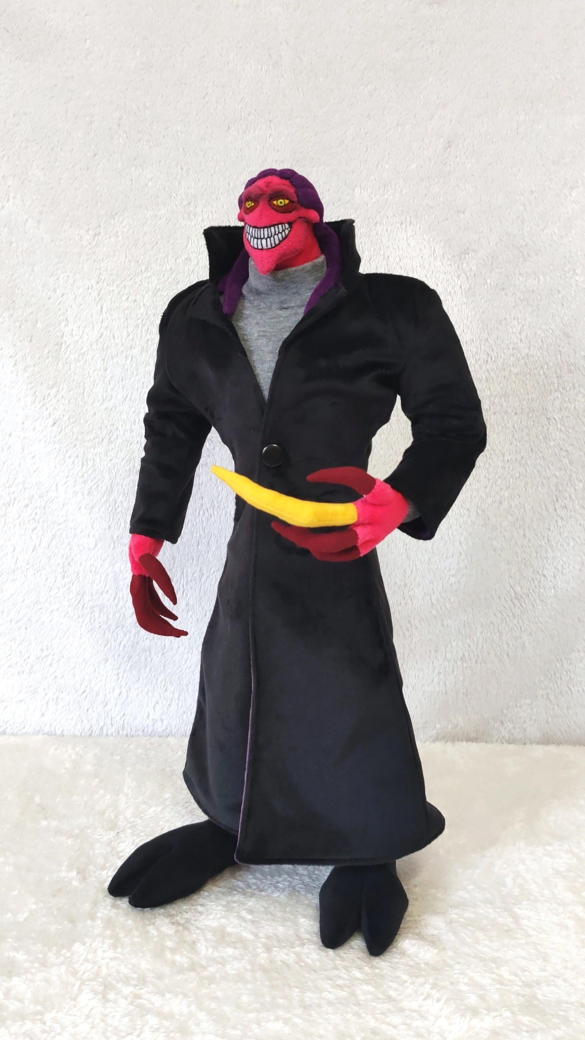 Thrax plush in a buttoned long black coat with red claws, handmade Osmosis Jones villain to order