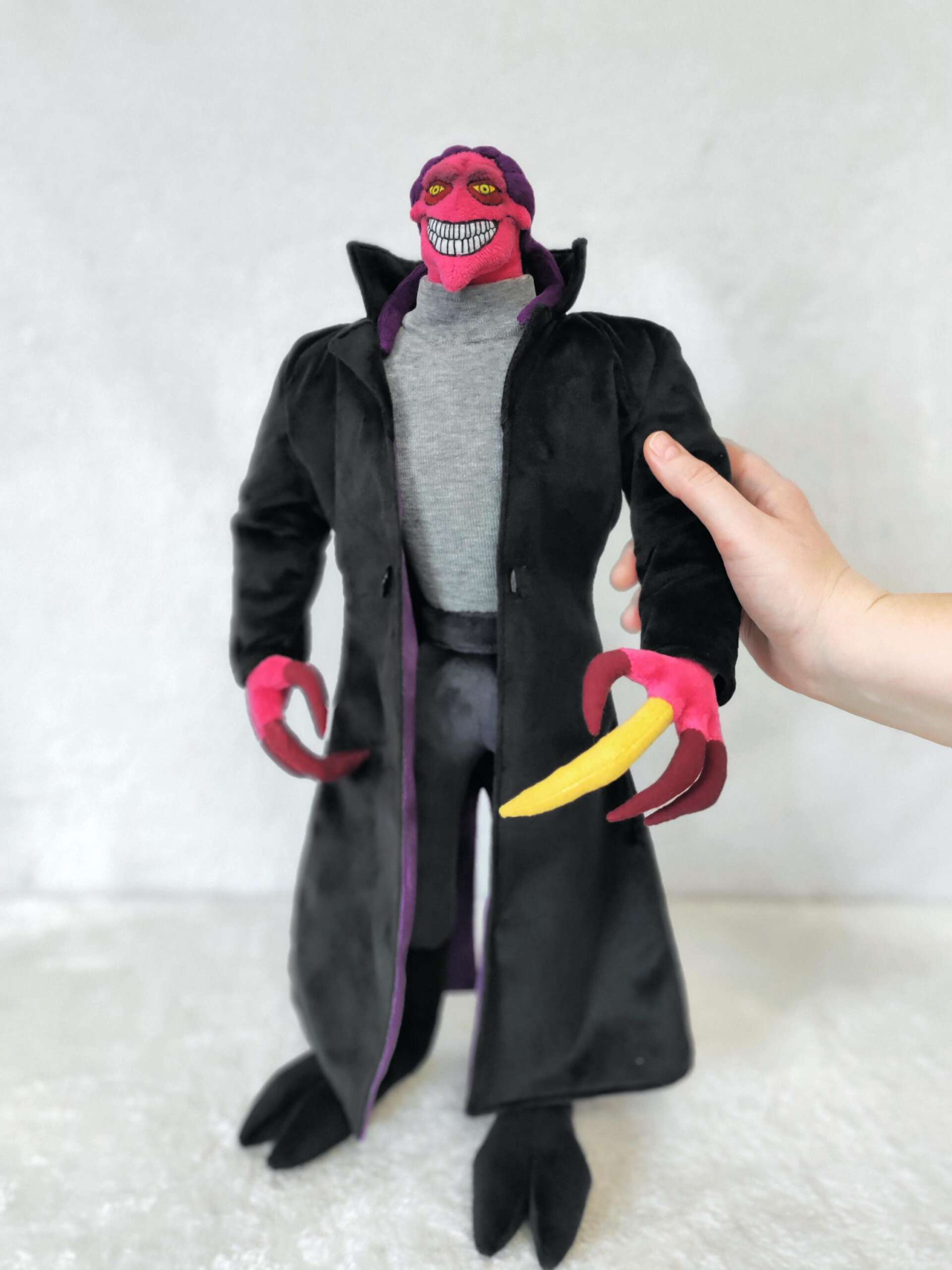 Thrax plush doll, about 50 cm Thrax plush doll held by hand to show its 50 cm size, black coat and grey turtleneck, sewn to order