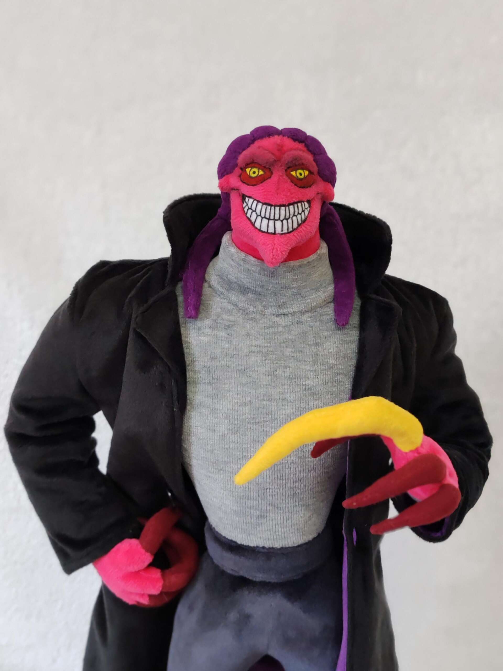 Thrax plush with the yellow claw Thrax plush grinning with yellow eyes and the yellow claw raised, Osmosis Jones villain doll made to order