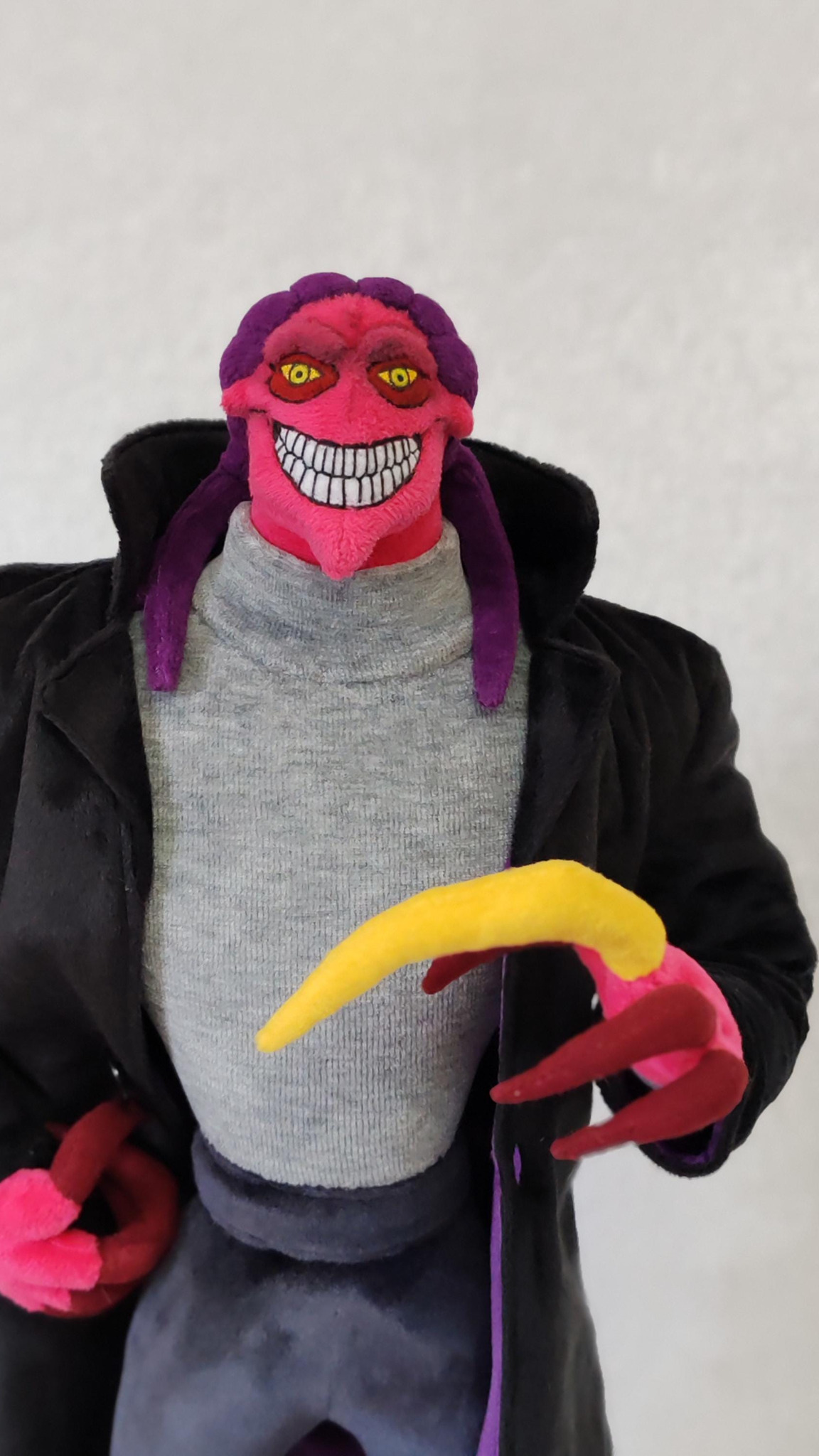Thrax plush grinning with yellow eyes and the yellow claw raised, Osmosis Jones villain doll made to order