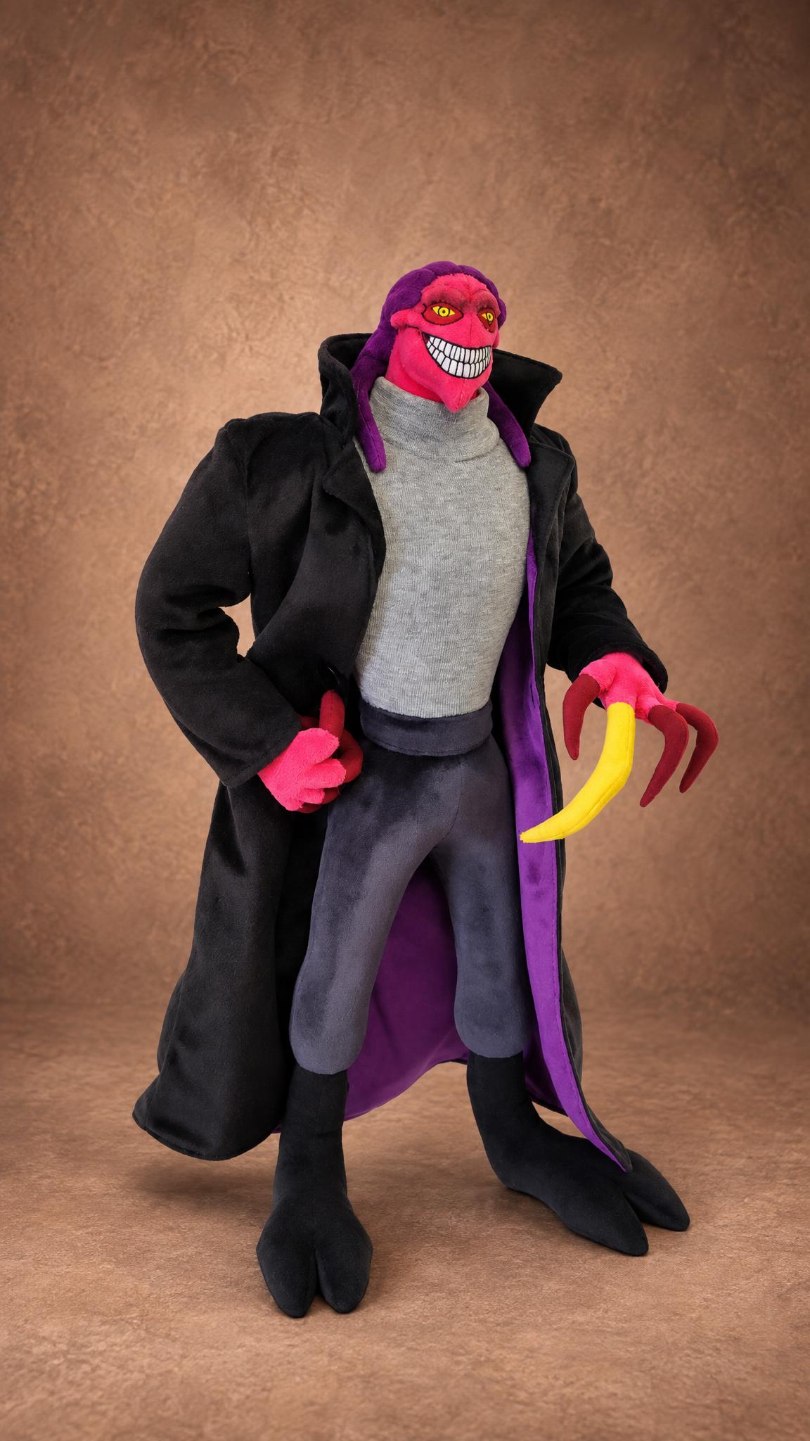 Custom Thrax plush doll with long red claws and a purple-lined black coat, Osmosis Jones villain made to order
