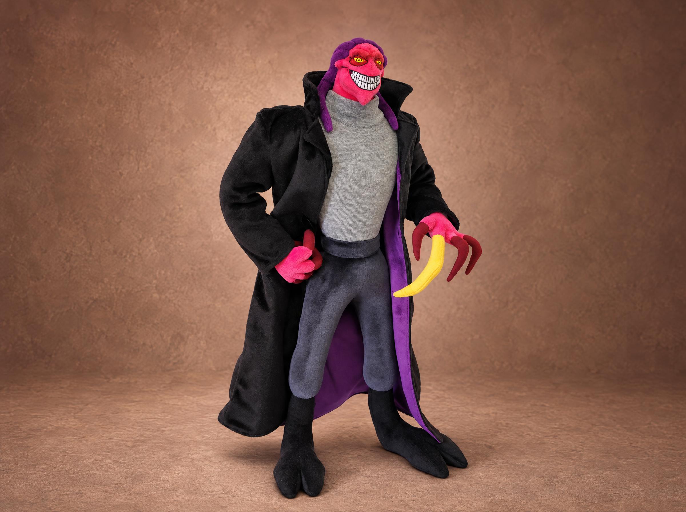 Thrax plush from Osmosis Jones in a black coat, hand on hip, yellow claw out, handmade to order