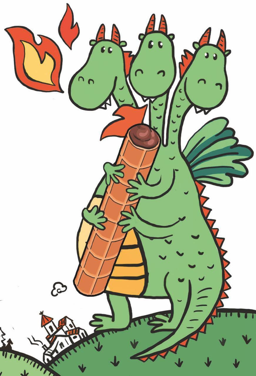 Three-headed dragon drawing, plush reference Drawing of a three-headed dragon hugging a wafer roll, the art this custom dragon plush was sewn from