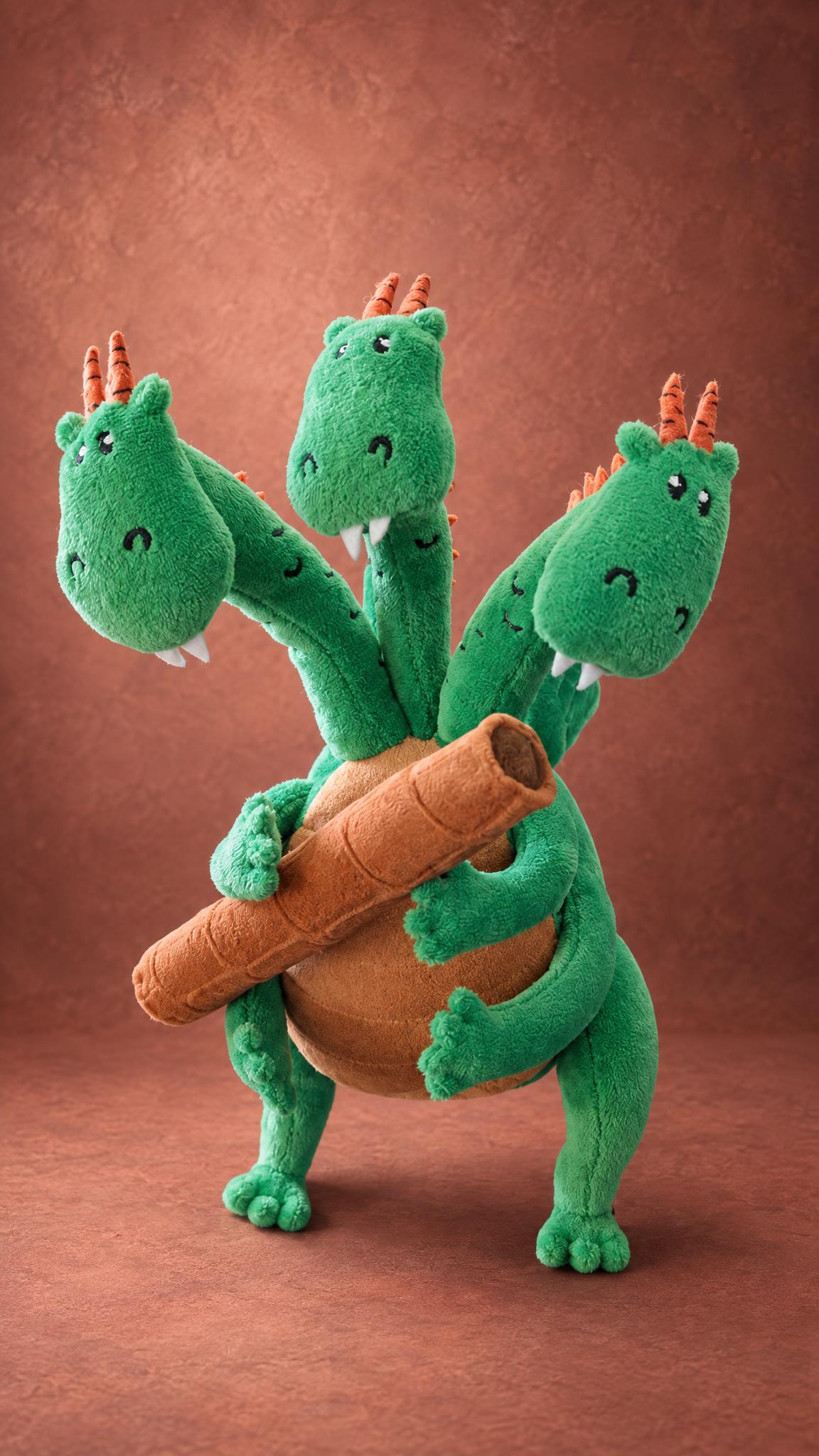 Custom three-headed dragon plush with three embroidered faces and a soft wafer roll, sewn by hand to order