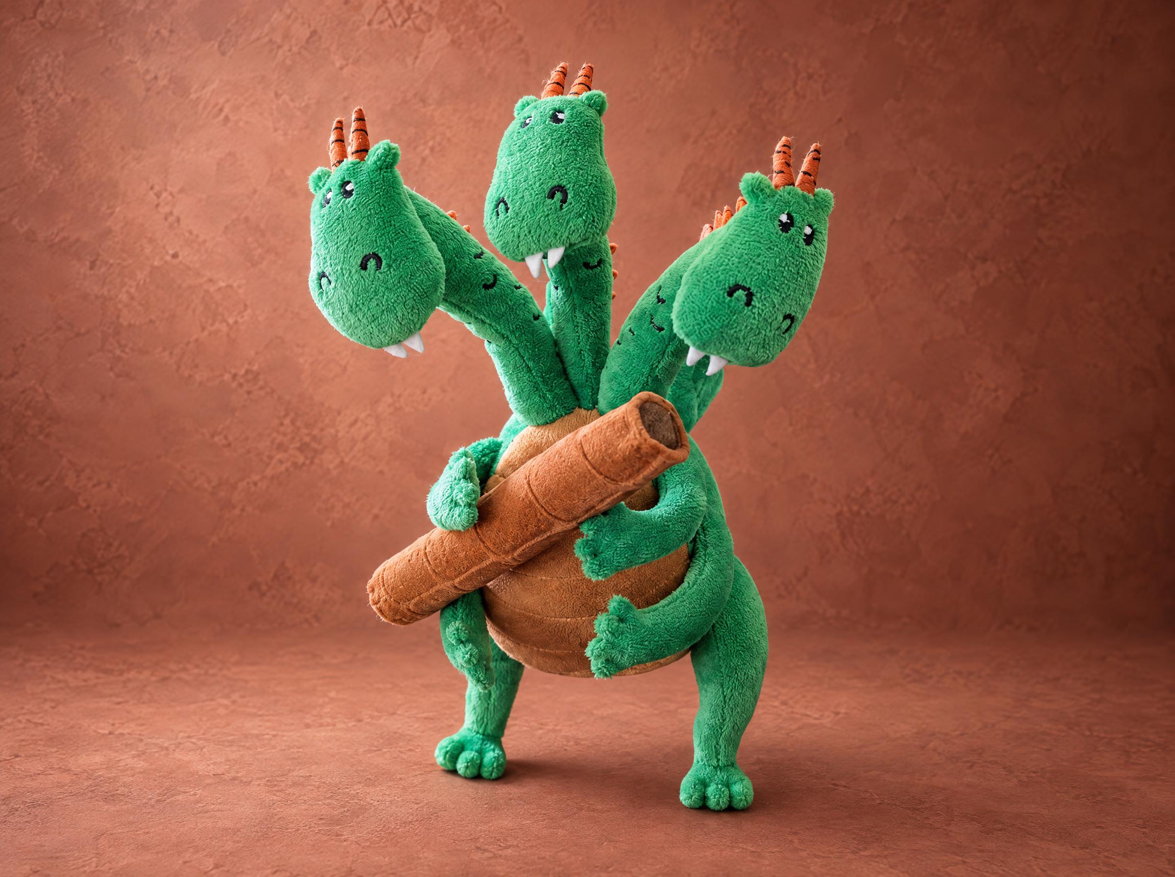 Three-headed dragon plush, green with orange horns, hugging a giant wafer roll, handmade to order from a drawing