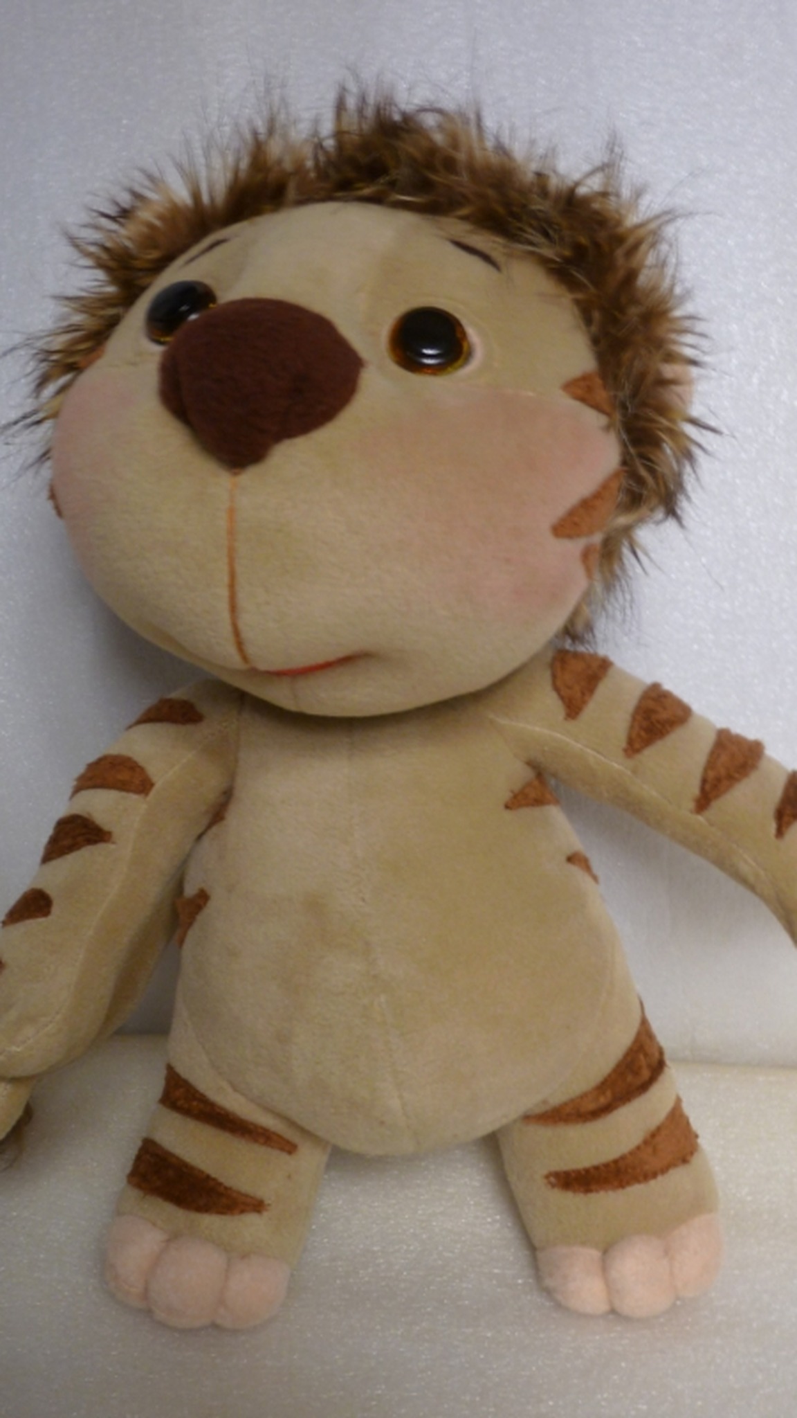 Tiger cub plush Lala with arms open, tan plush with brown stripes and a faux fur mane, sewn to order