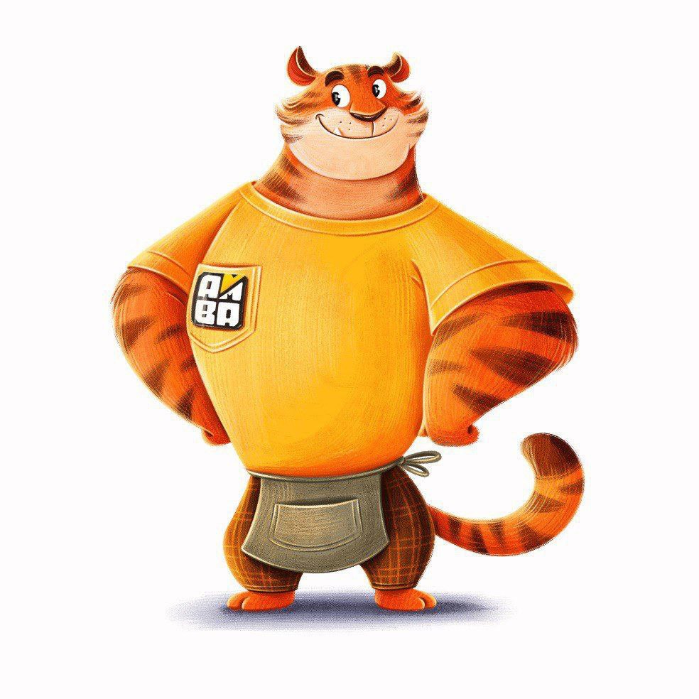 Client character art for the tiger mascot plush Character art the client sent for the tiger mascot plush: striped cat in a yellow T-shirt and apron