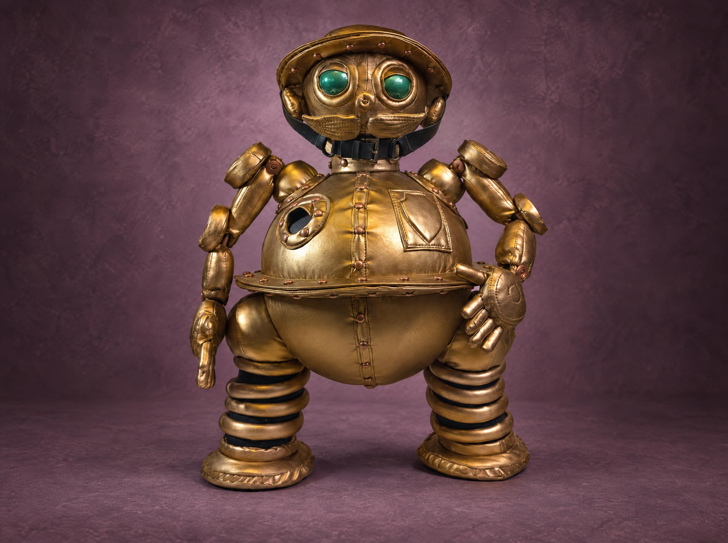 Tik-Tok plush from Return to Oz, a round clockwork man in bronze faux leather with green eyes, sewn to order