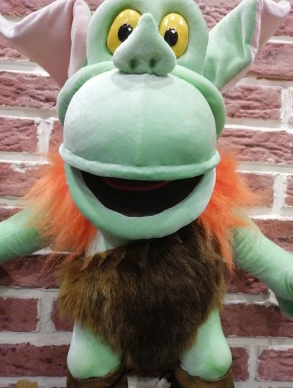 Toadwart plush face, Gummi Bears ogre Toadwart plush face with yellow eyes, snout and open grin, Gummi Bears ogre handmade to order for a fan