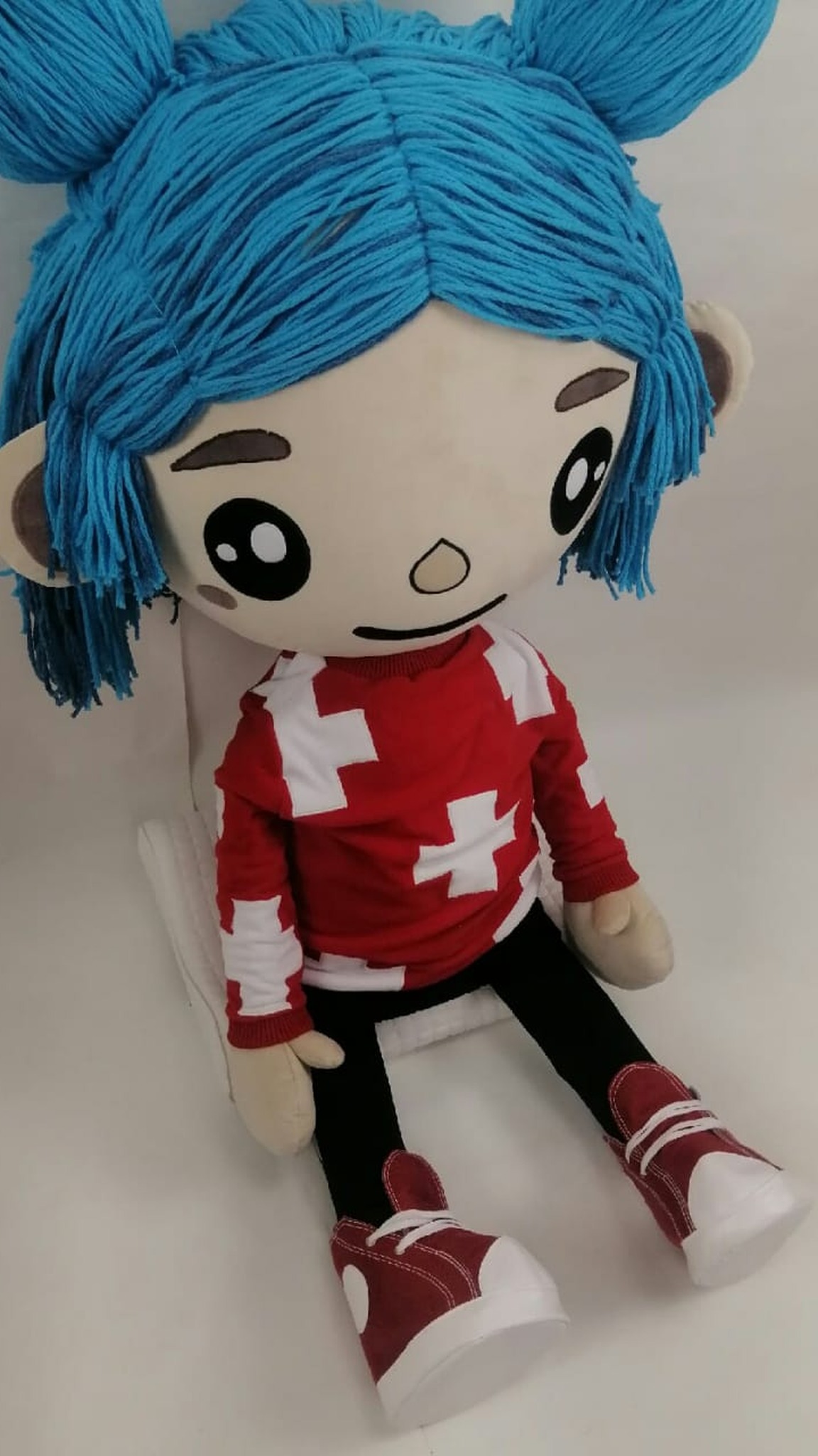 Toca Boca doll with turquoise yarn hair, blush and big black eyes, custom made to order