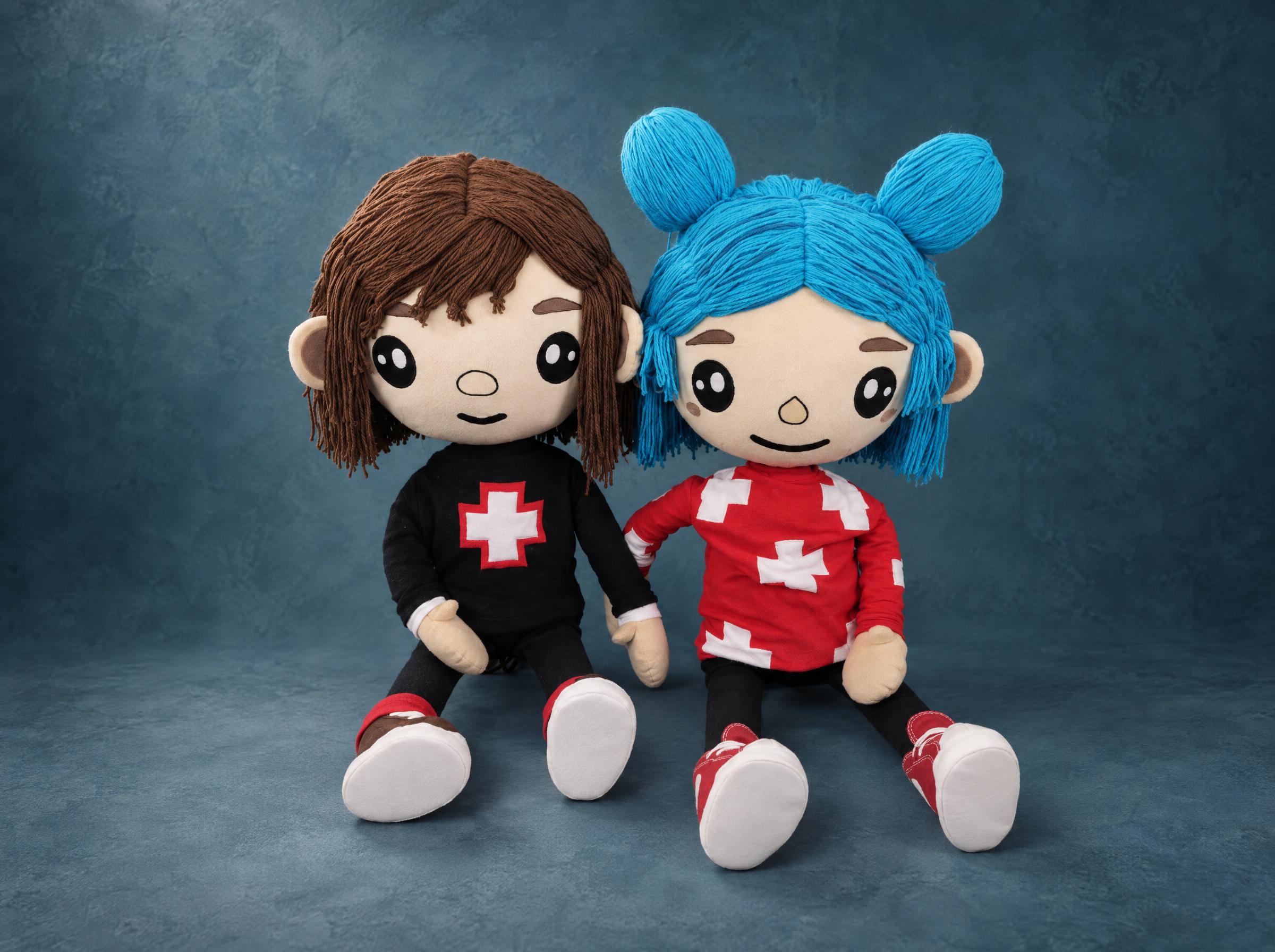 Giant Toca Boca dolls, brown and turquoise yarn hair, red and black tops with white crosses, made to order