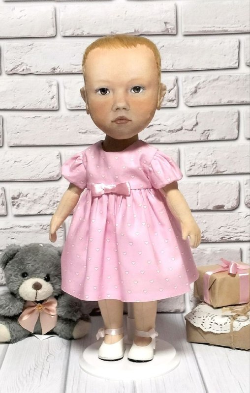 Toddler doll with short strawberry-blonde hair Toddler portrait doll with short strawberry-blonde hair in a pink heart dress, custom baby doll made to order
