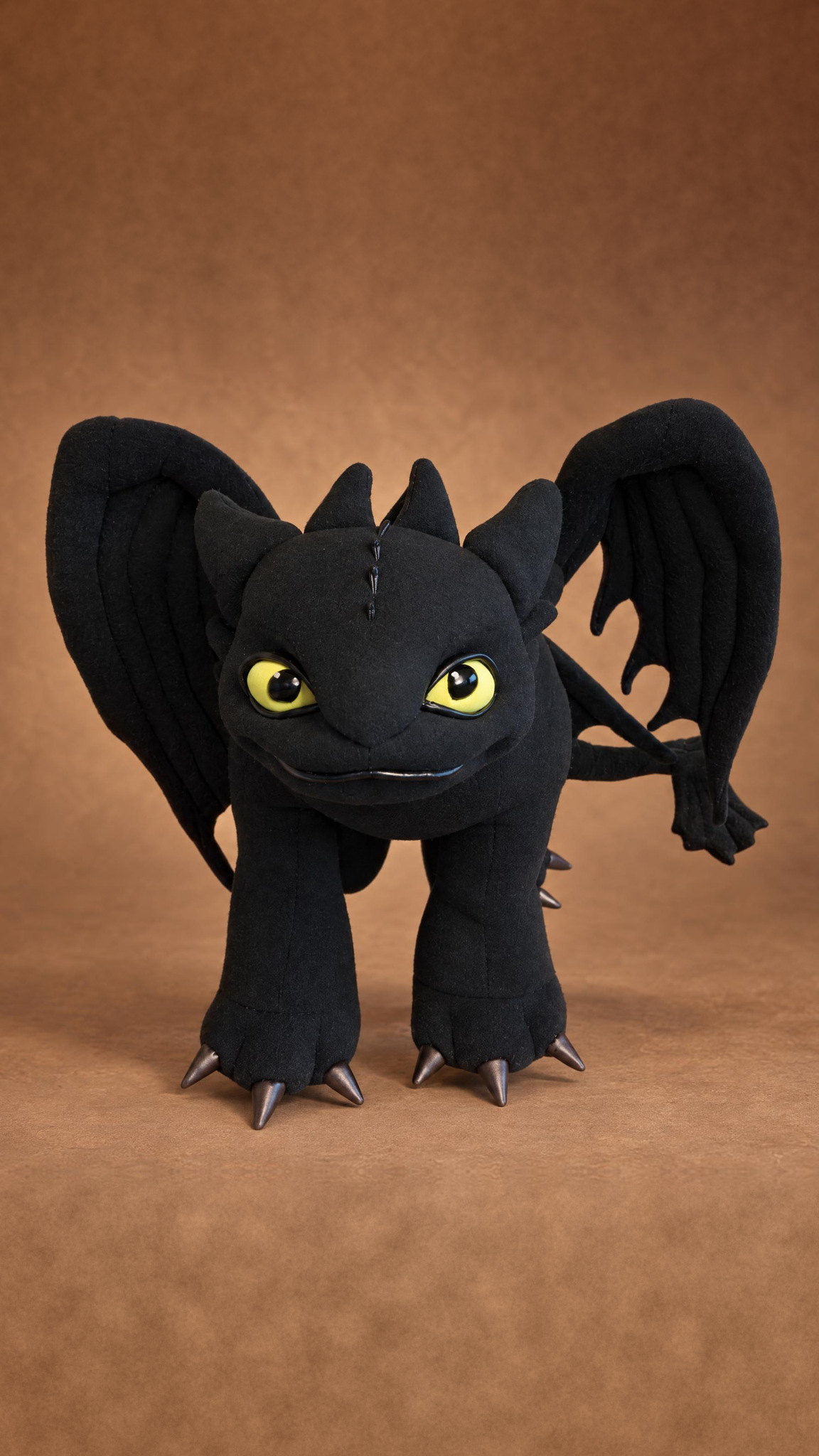 Posable Toothless stuffed animal with wings spread and yellow eyes, custom How to Train Your Dragon plush