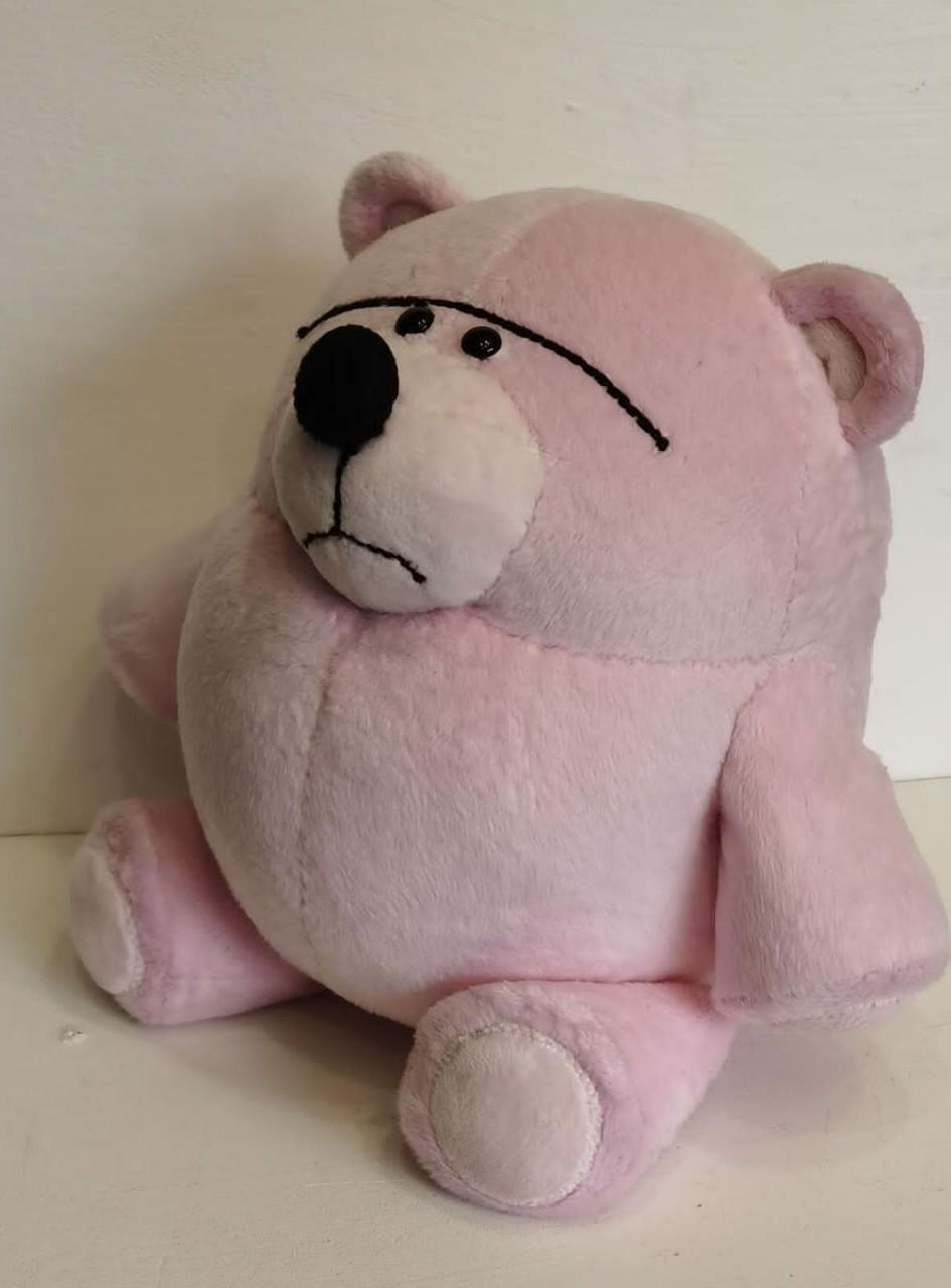Toy Story bear plush from Andy’s room Toy Story bear plush turning his frowning face, pale pink plush with a cream muzzle, Andy's room fan toy