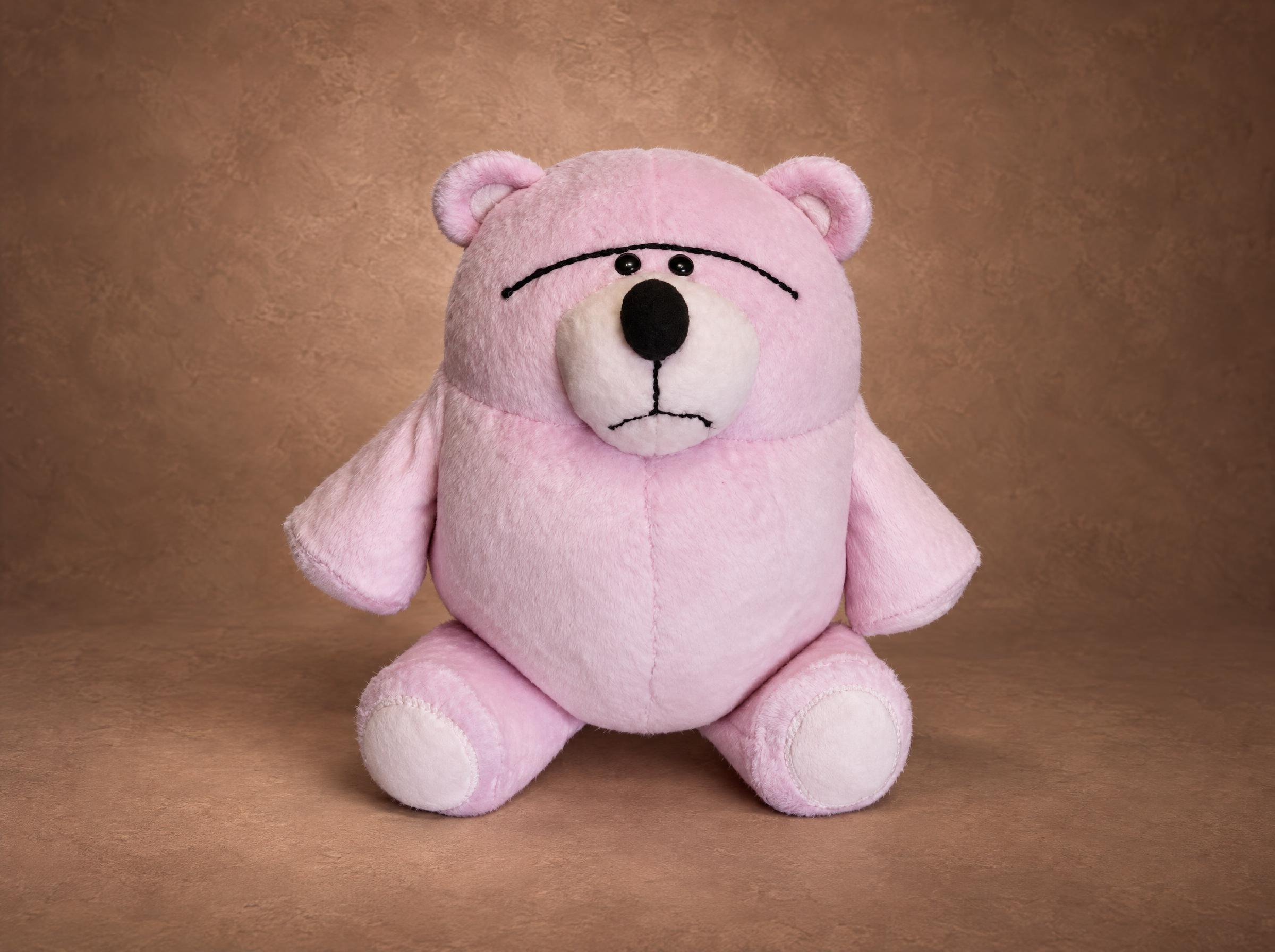 Toy Story pink bear plush, Fur Bear from Andy's desk, with one long brow and a frown, handmade to order