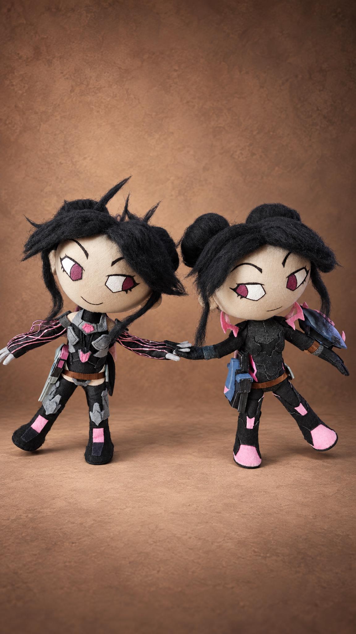 Custom Trove OC dolls with black hair, red-pink eyes and black-and-pink felt armor, sewn by hand to order