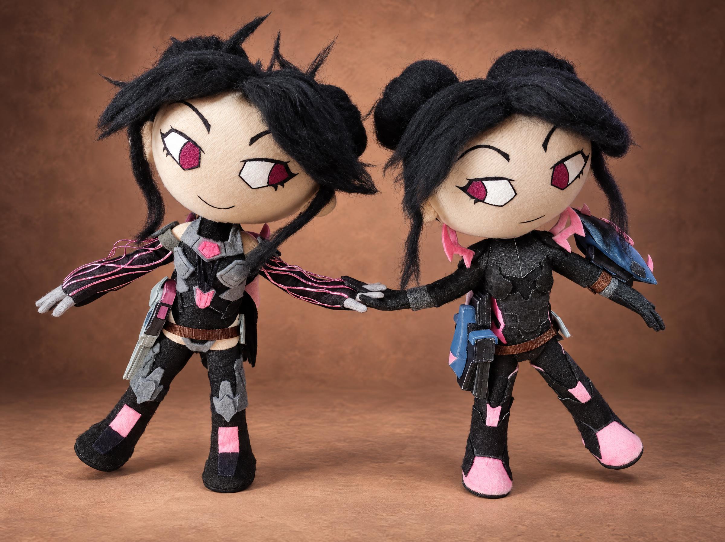 Two custom Trove character dolls in black-and-pink armor holding hands, handmade to order from fan art