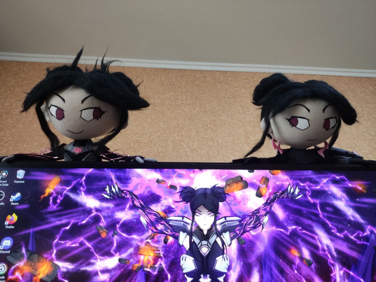 Trove dolls at a gaming desk Handmade Trove character dolls peeking over a monitor with the character's fan art, custom video game dolls