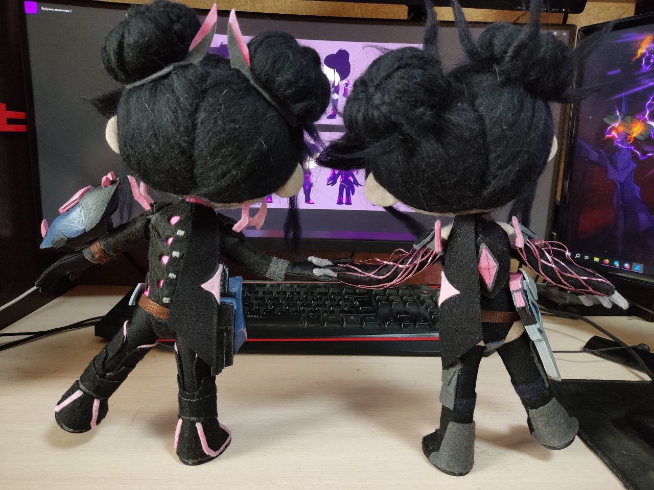 Trove dolls: hair buns and armor Trove character dolls with black doll hair in buns, pink spikes and a blue painted armor piece, made to order