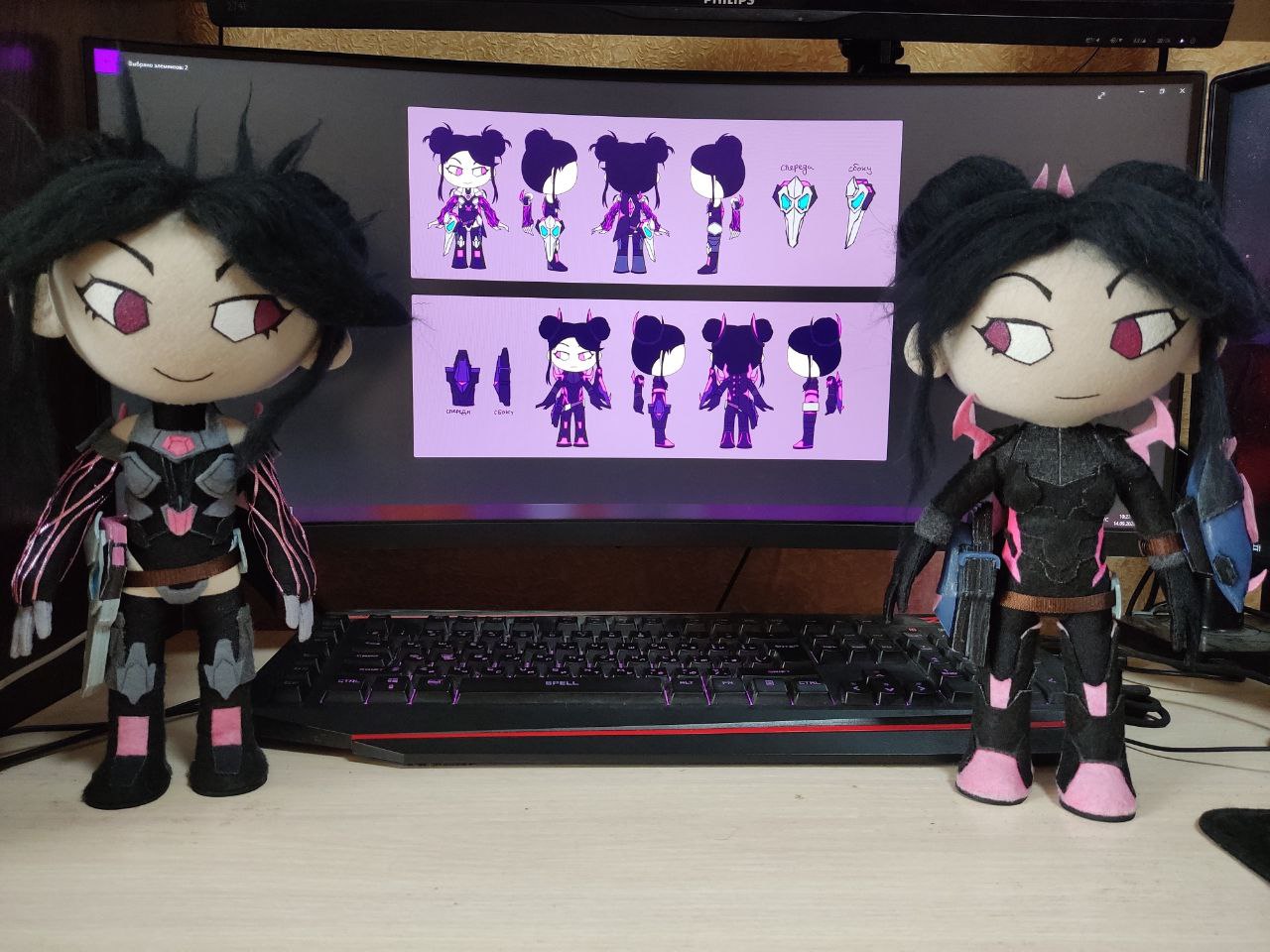 Trove dolls and their turnaround sheet Handmade Trove character dolls beside the turnaround sheet of both outfits, custom OC dolls made to order