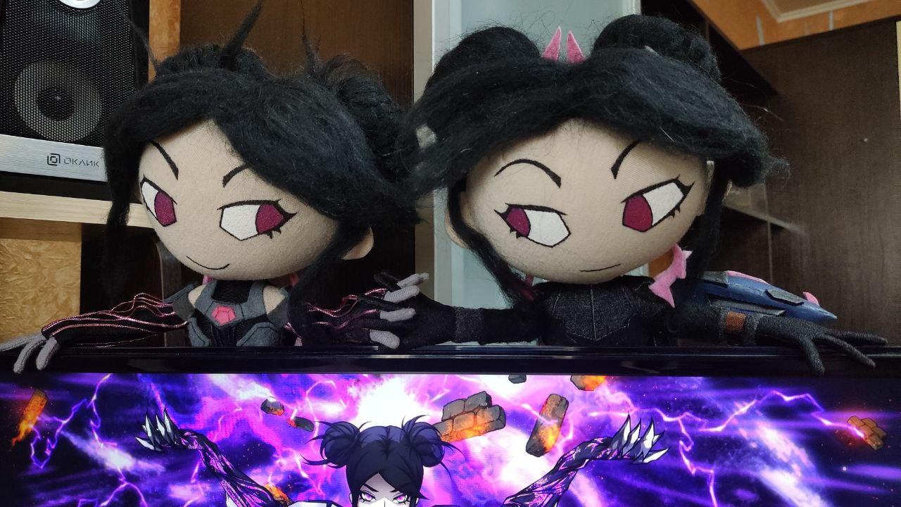 Trove OC dolls with red-pink eyes Custom Trove OC dolls with red-pink eyes and sly smiles, black synthetic hair, handmade character dolls