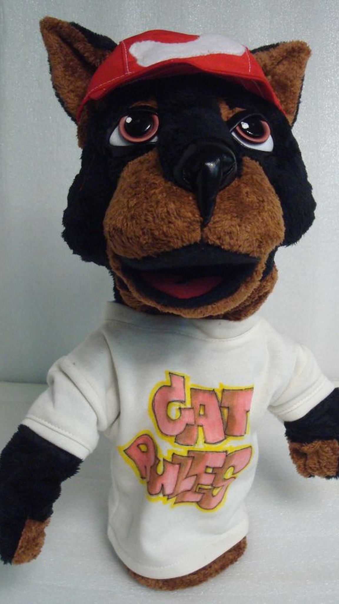 Dog hand puppet for TV in a red cap and Cat Rules T-shirt, custom puppet sewn to order for a series