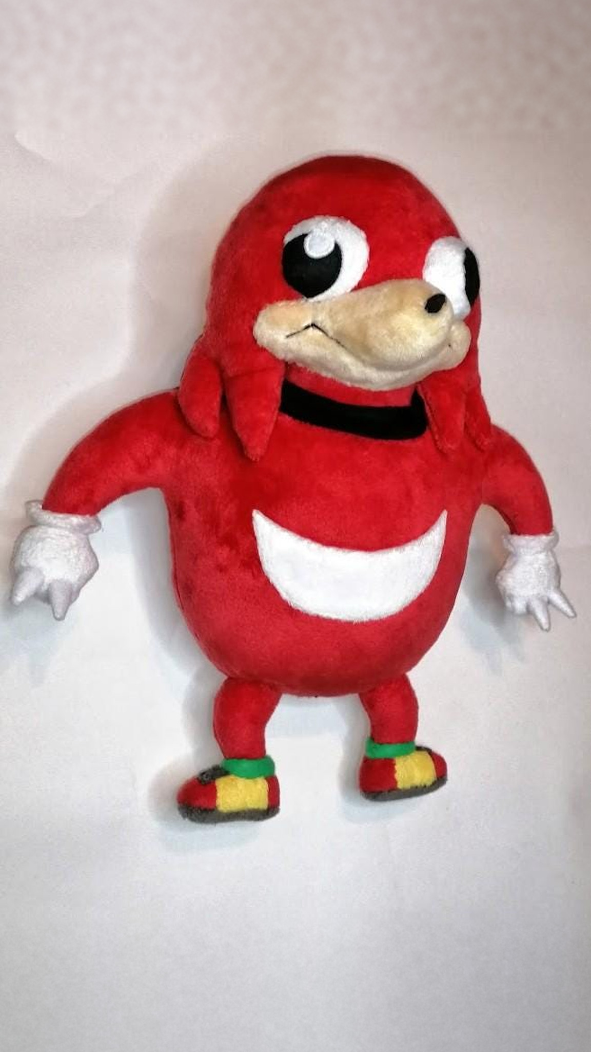Ugandan Knuckles meme plush with white faux fur claws and green-cuffed shoes, handmade Sonic fan toy