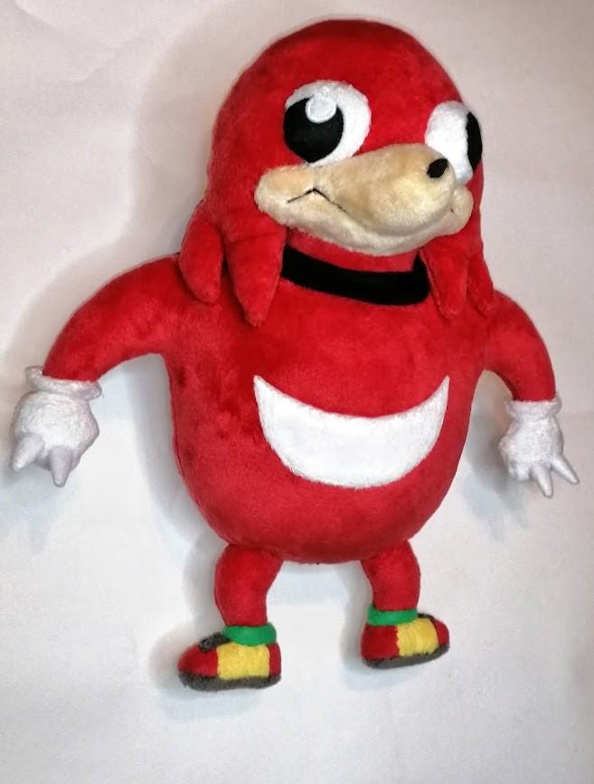 Ugandan Knuckles meme plush toy Ugandan Knuckles meme plush with white faux fur claws and green-cuffed shoes, handmade Sonic fan toy