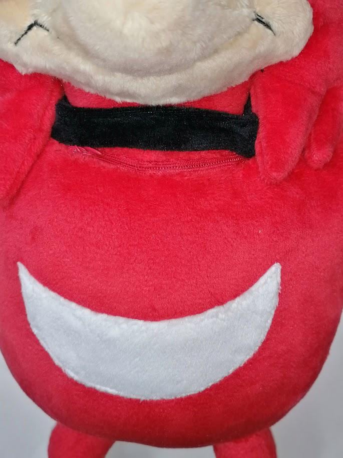 Ugandan Knuckles plush, hidden zip pocket Hidden zip pocket under the black neck band of a custom Ugandan Knuckles talking plush, sewn by hand