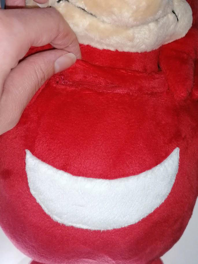 Ugandan Knuckles talking plush pocket Opening the voice pocket of a handmade Ugandan Knuckles talking plush, red meme toy made to order