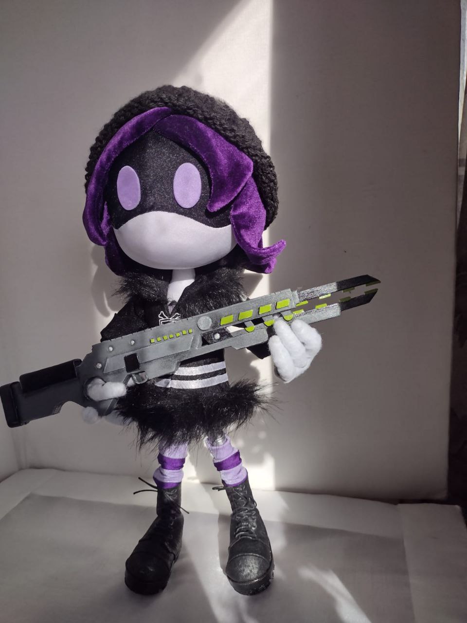 Custom Uzi plush with her railgun, Murder Drones Custom Uzi plush gripping her grey-green railgun, a purple and black Murder Drones doll handmade to order