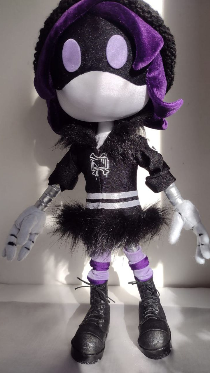 Uzi plush doll from Murder Drones in sunlight: black jacket, fur-trimmed skirt, striped socks, made to order
