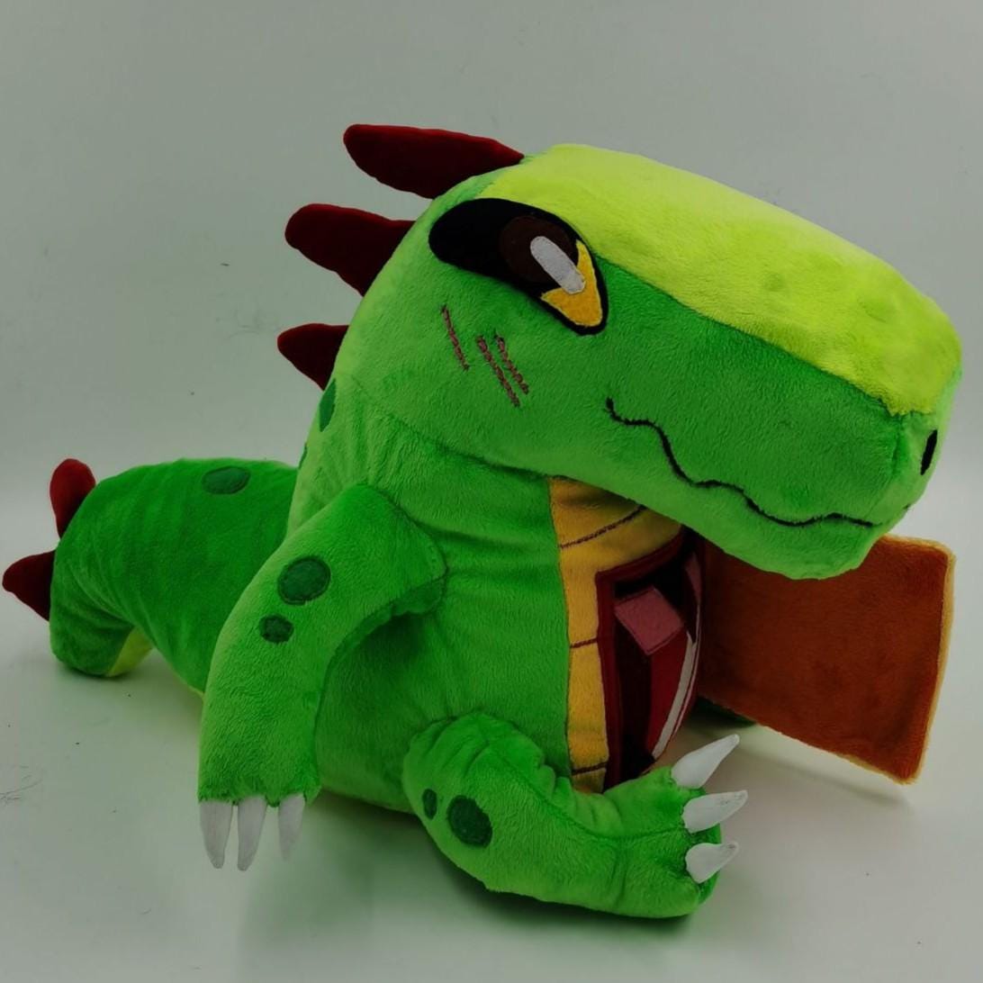 Valentine dinosaur plush with red spikes Valentine dinosaur plush with dark red spikes down the back and tail, amber eyes and blush, made to order