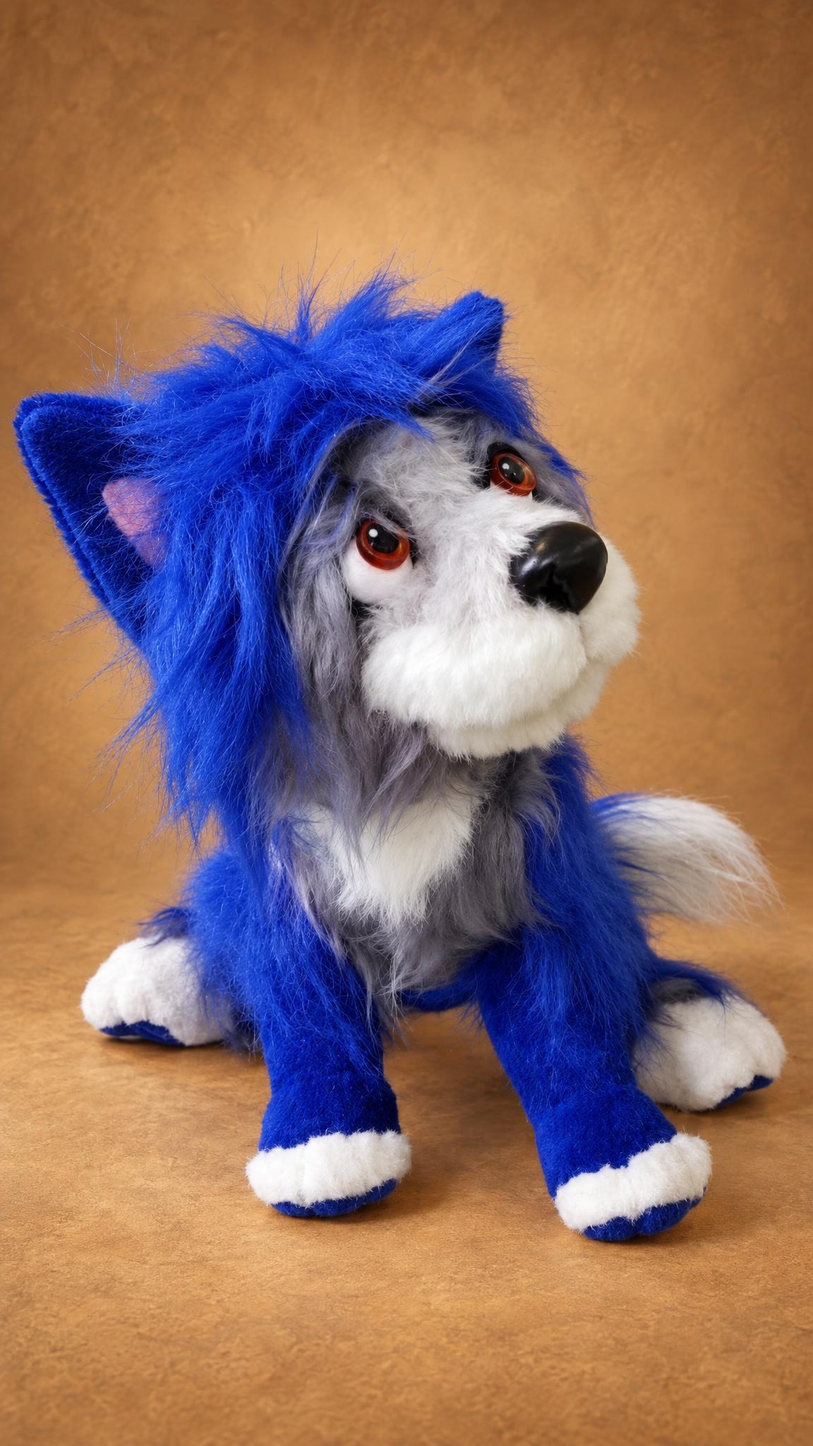 Handmade Wolfie dog plush from Vampirina with a white muzzle, black nose and white paws, sewn to order