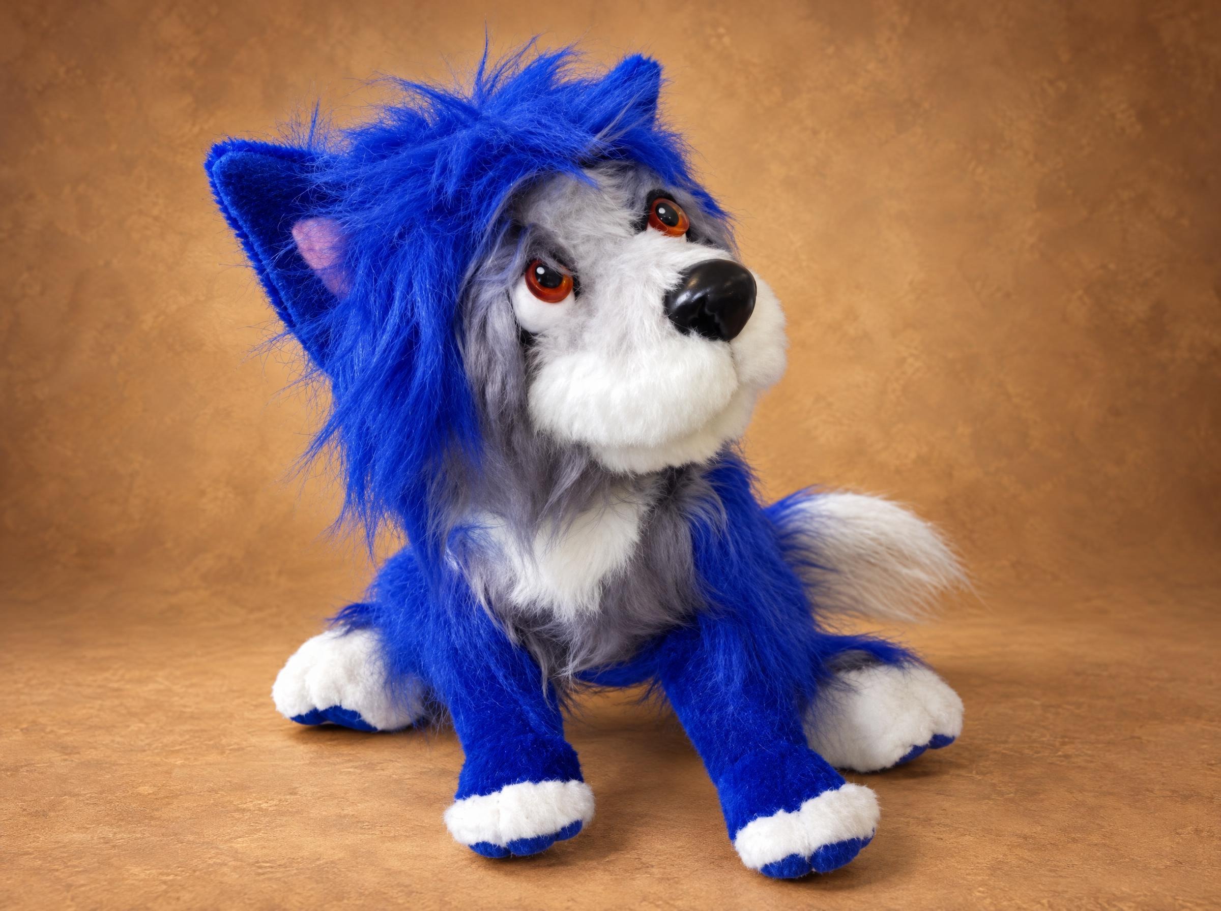 Vampirina Wolfie plush with a shaggy royal-blue faux fur mane and amber eyes, handmade to order