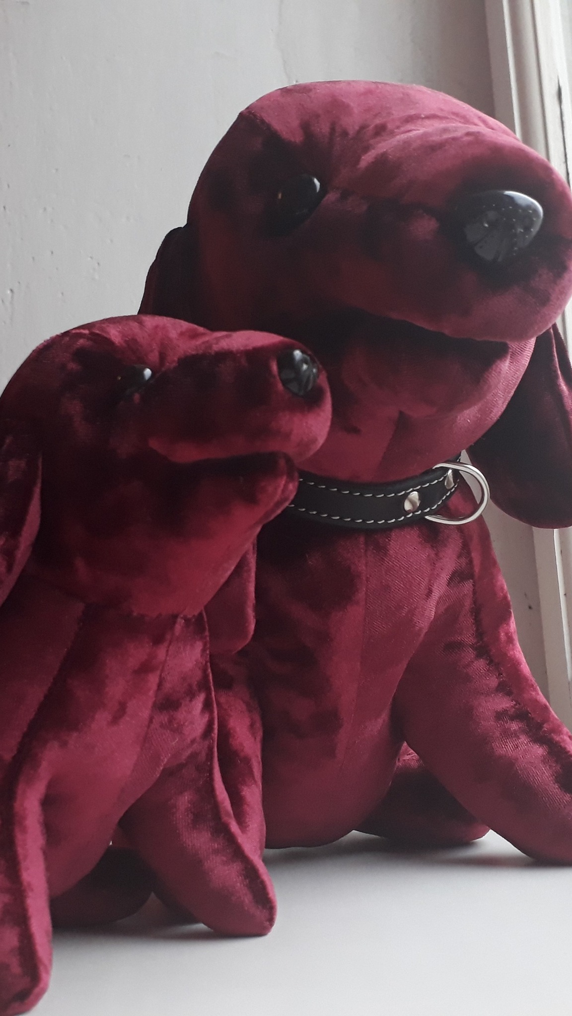 Raspberry velvet dog with a stitched collar and a puppy, vintage stuffed dog replica handmade to order