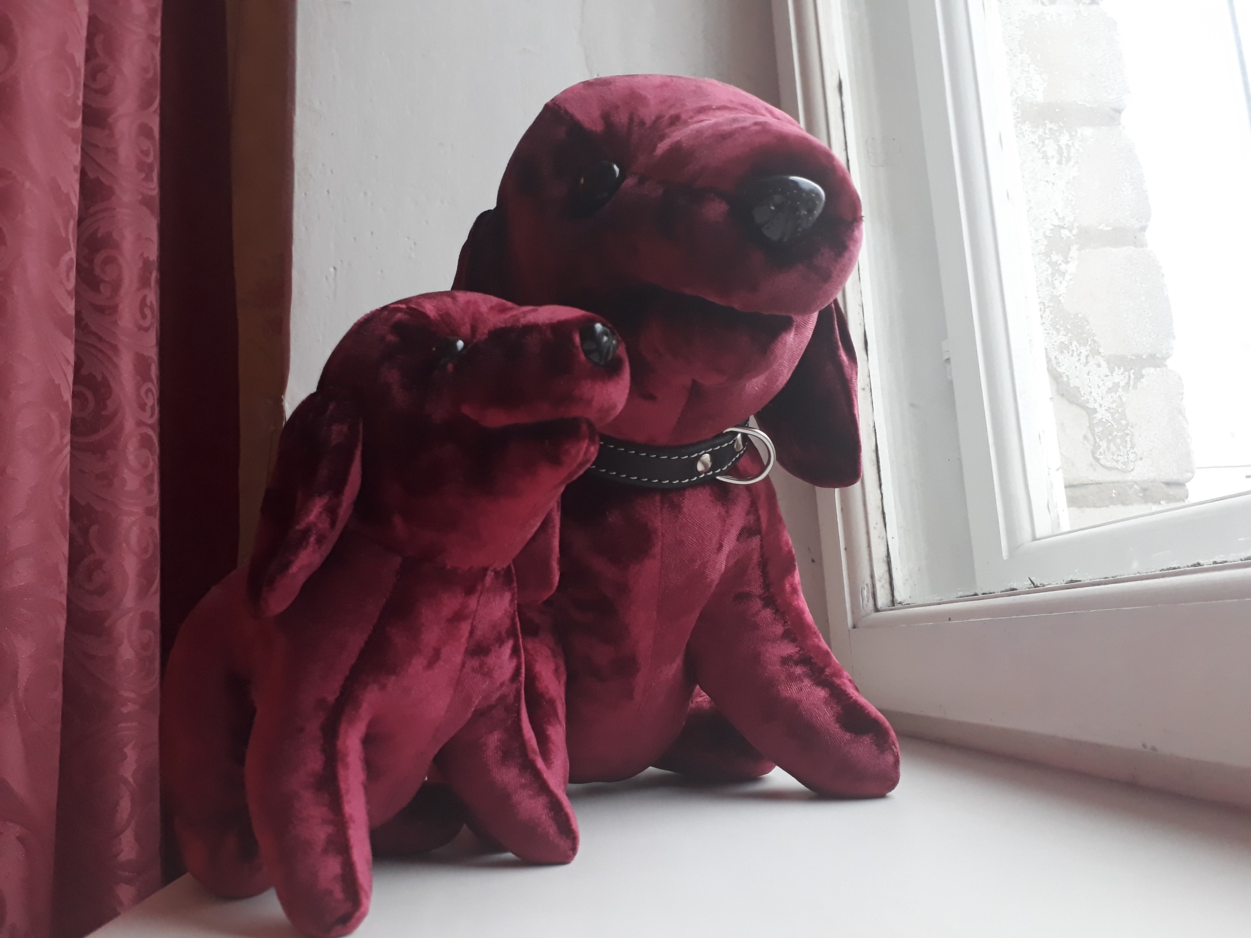 Vintage stuffed dog with collar and puppy Raspberry velvet stuffed dog with a faux leather collar beside a puppy, vintage toy replica made to order