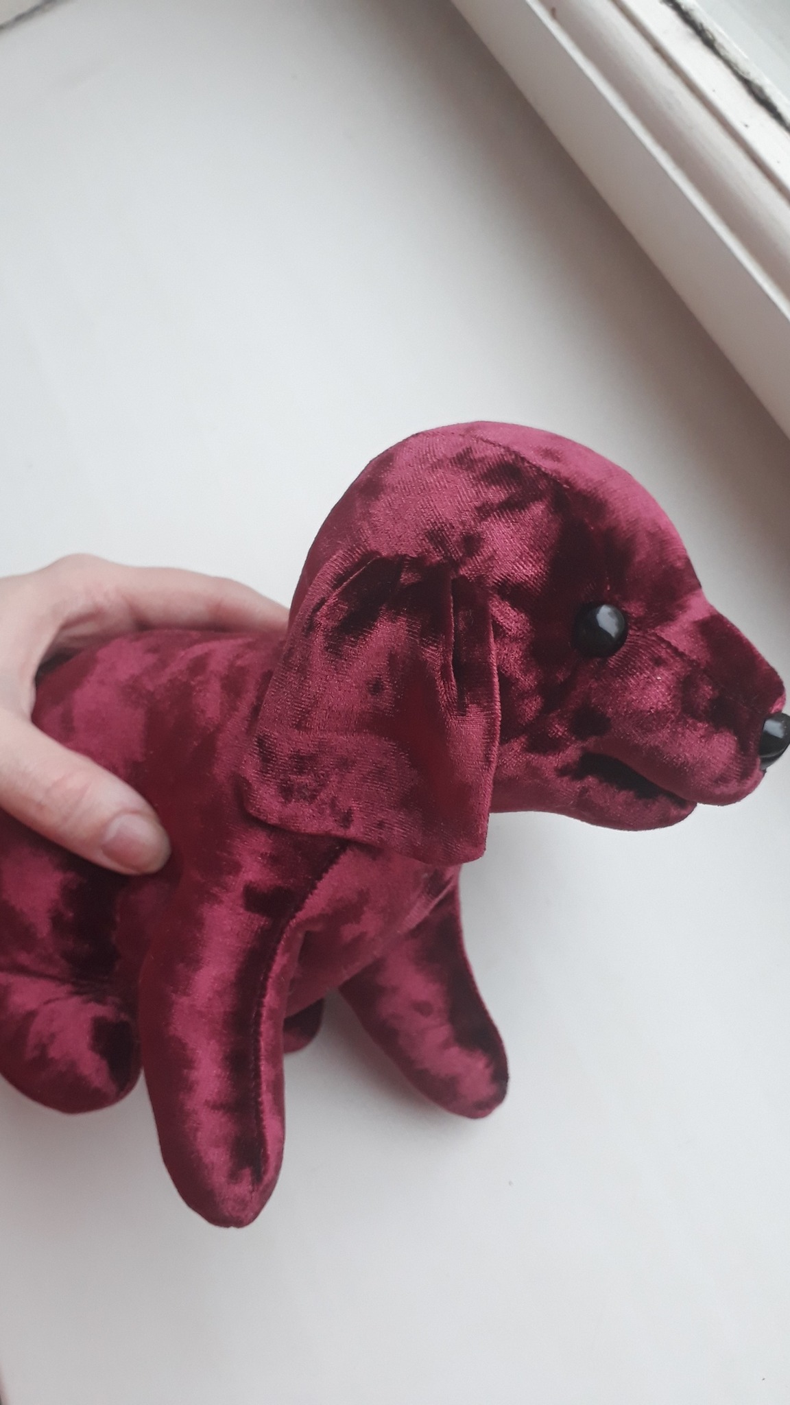 Crushed velvet stuffed puppy in raspberry red, a vintage stuffed dog replica handmade to order from a photo