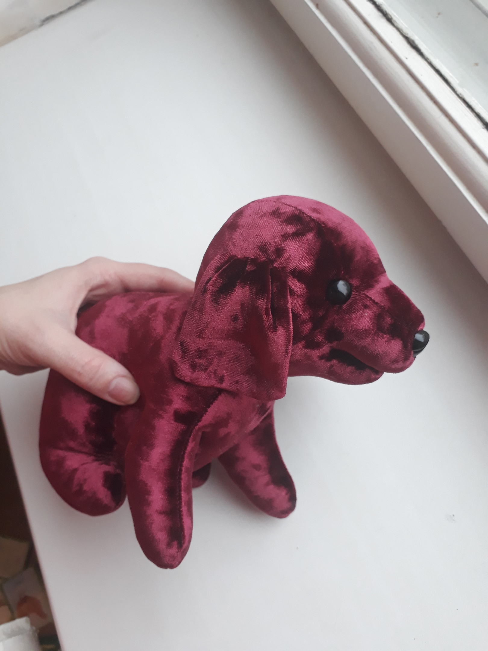 Crushed velvet stuffed puppy, vintage style Vintage stuffed dog puppy in crushed raspberry velvet, seams down the legs, sewn by hand from an old photo