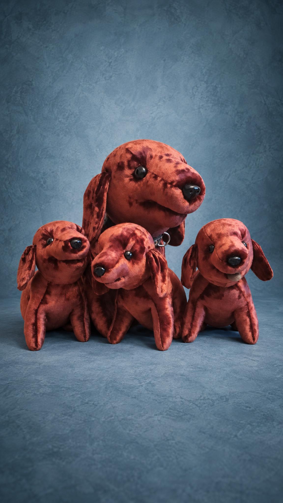 Custom vintage stuffed dog family: raspberry velvet dog with a collar and three puppies, handmade to order