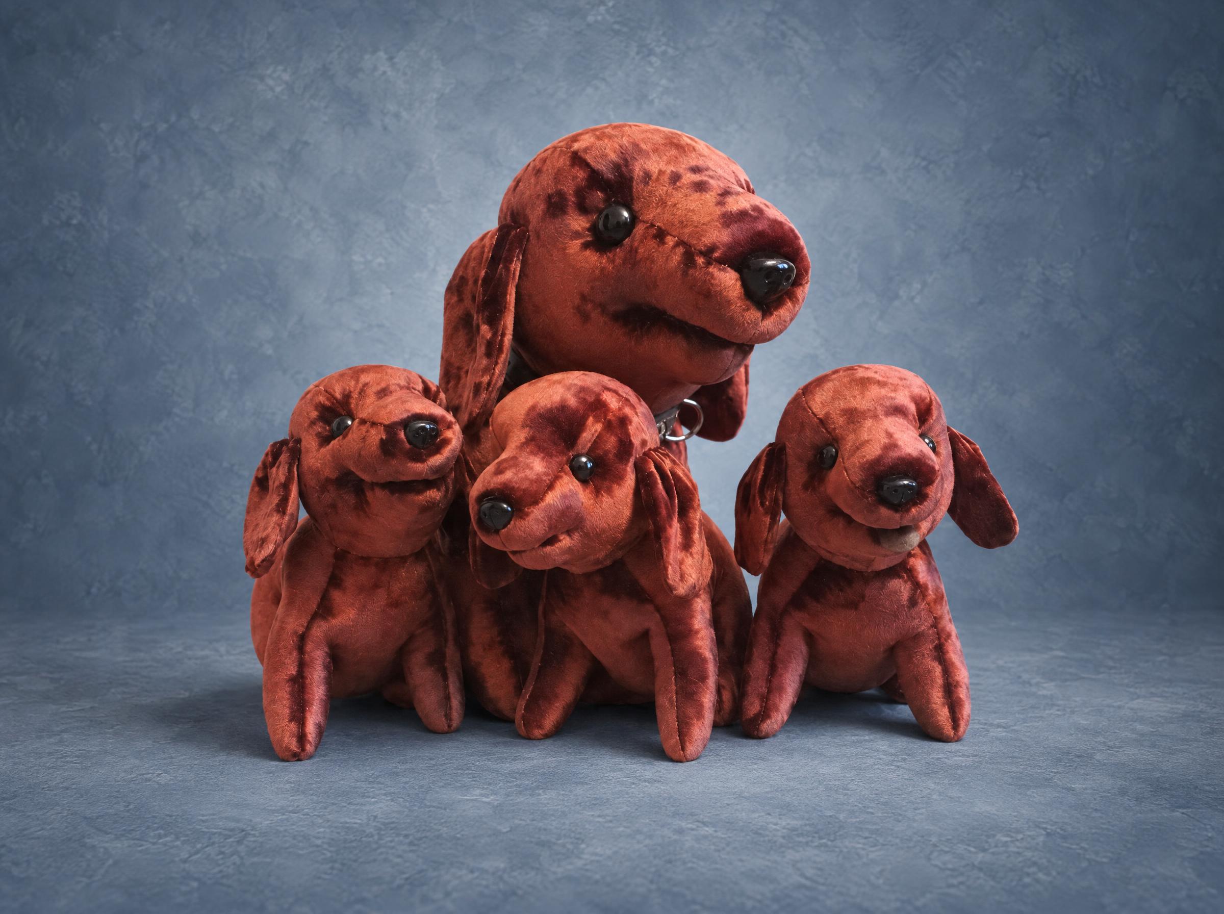 Vintage stuffed dog with three puppies in raspberry crushed velvet, a replica sewn to order from an old photo